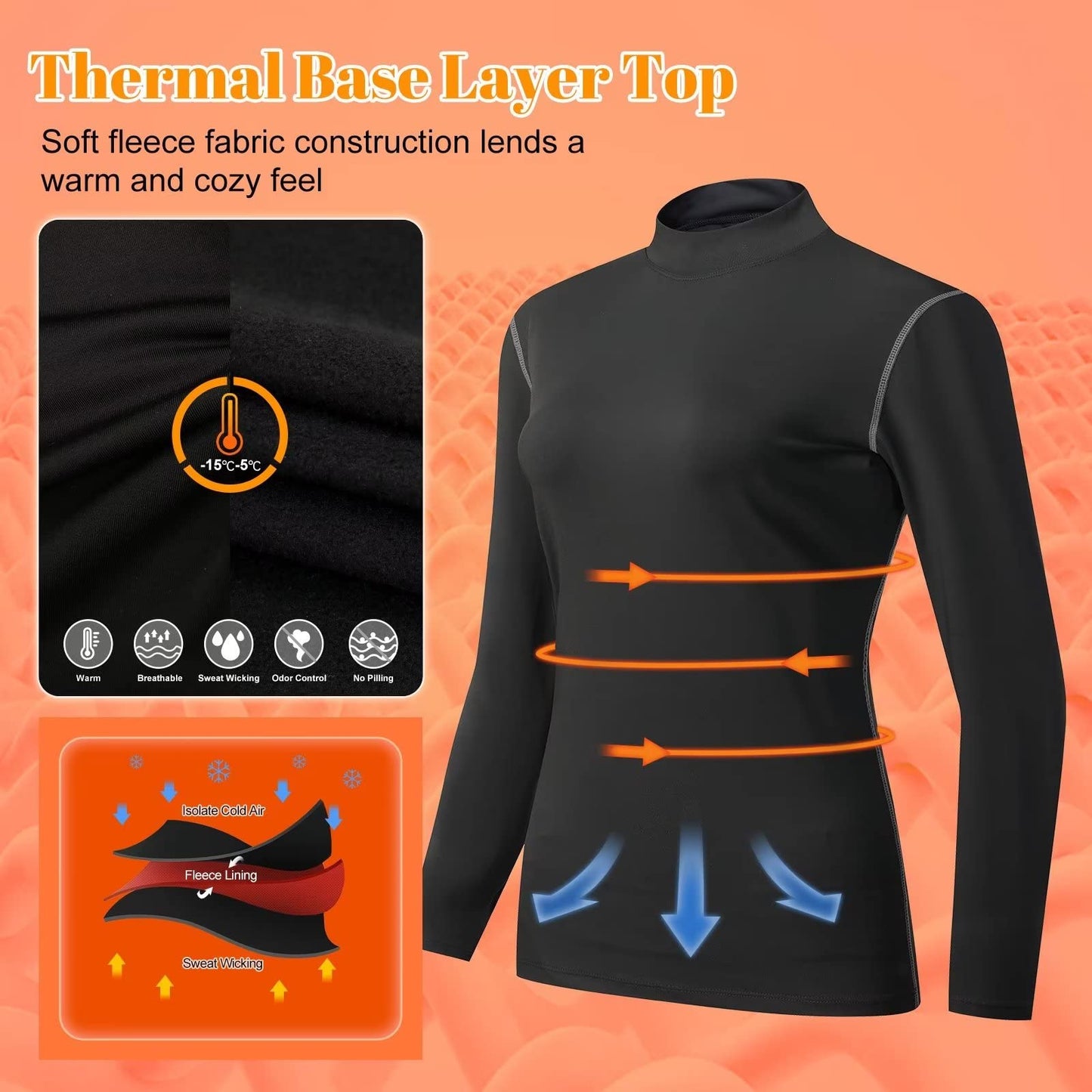 Tesuwel Thermal Shirts for Women Cold Weather Ski Base Layer Women Long Sleeve Fleece Ladies Thermal Tops Winter Warm Hiking Snow Underlayer Running Athletic Shirts Moisture Wicking 2219 Black L