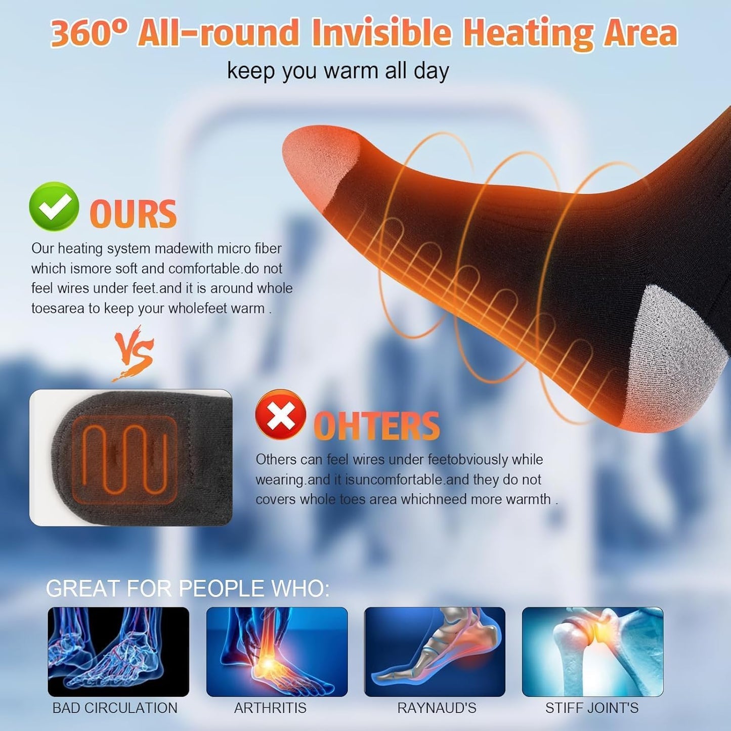 Heated Socks for Men Women with 5V 4000mAh Rechargeable Battery Powered Machine Washable Thermal Heating Socks Electric Foot Warmer Winter Outdoor Skiing Hunting Camping (Black, One Size)
