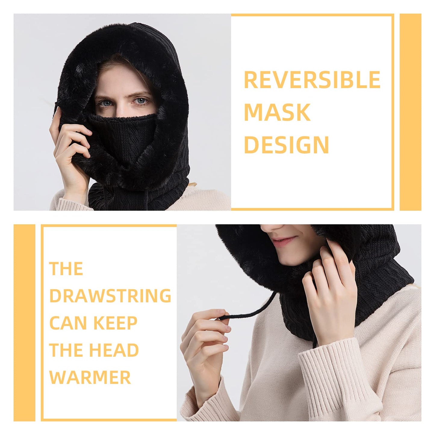 AkiiGer Womens Winter Hats, Warm Hooded Scarf Hat for Women, Fleece Beanie Hats with Drawstring, Winter Balaclava Knit Skull Cap(Black)
