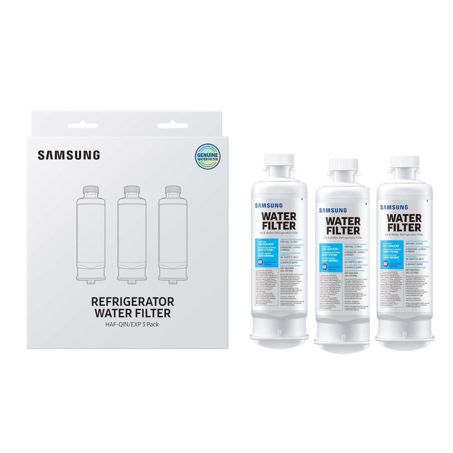 SAMSUNG Genuine Filters for Refrigerator Water and Ice, Carbon Block Filtration for Clean, Clear Drinking Water, HAF-QIN-3P, (Pack of 3)