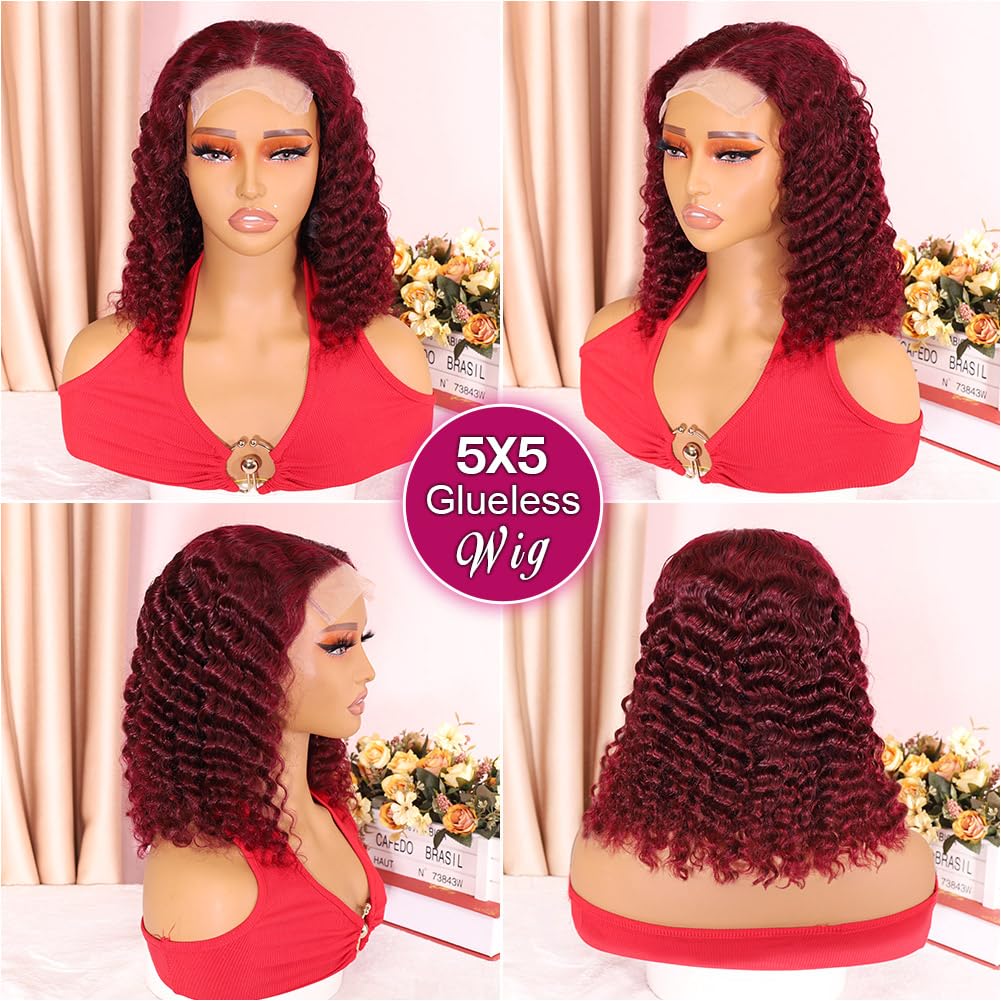 Ailwelia 99j Burgundy Wear And Go Glueless Wigs Bob Wigs For Black Women Deep Wave Bob Wig Human Hair 5x5 Hd Lace Closure Wigs Human Hair Curly Bob Wig Human Hair Preplucked 200 Density 12 Inch