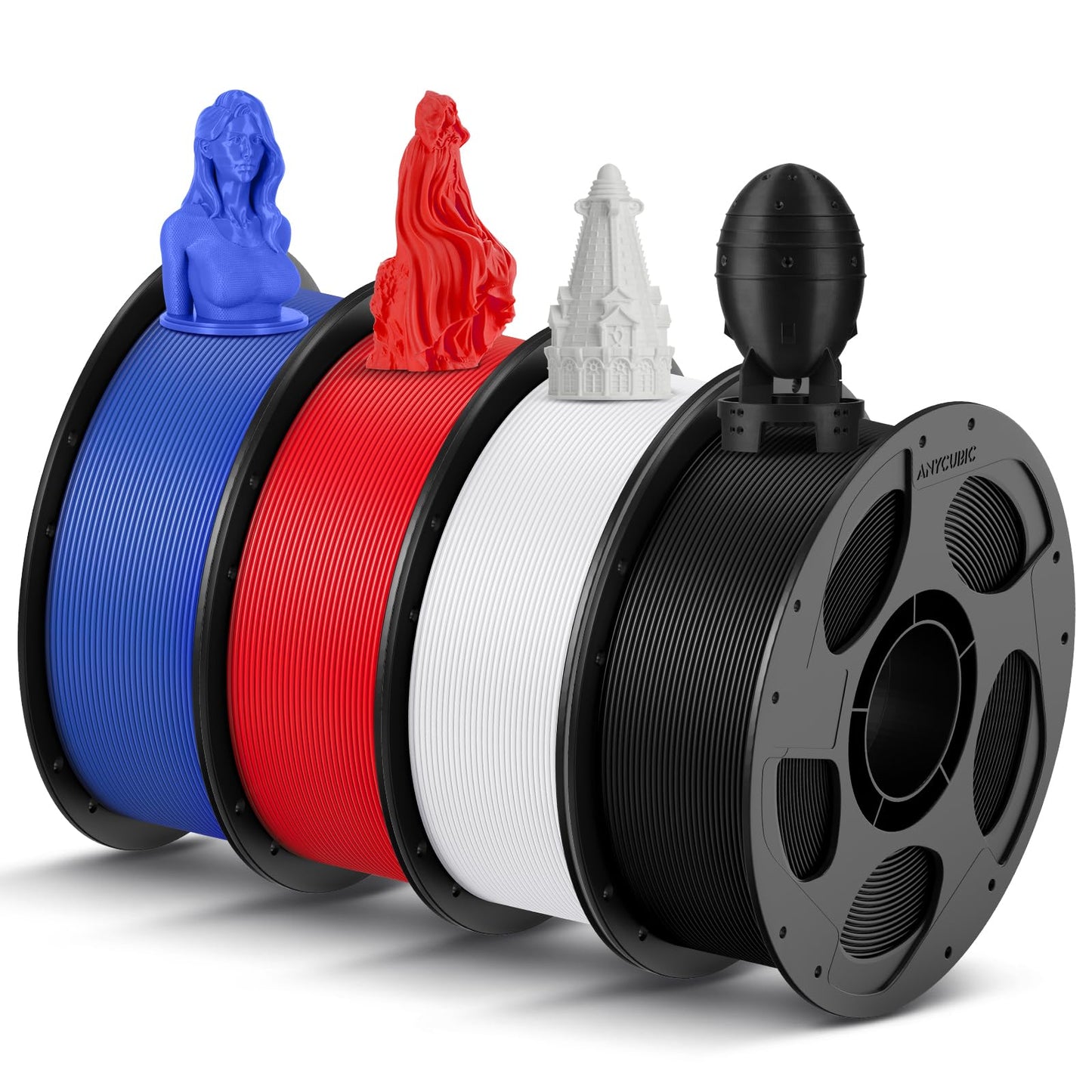 ANYCUBIC High Speed 3D Printer Filament 1.75mm Bundle, Rapid PLA Filament with High Prints Quality, Dimensional Accuracy +/- 0.02mm, 1KG Reusable Spool, 4KG Black +White + Blue + Red