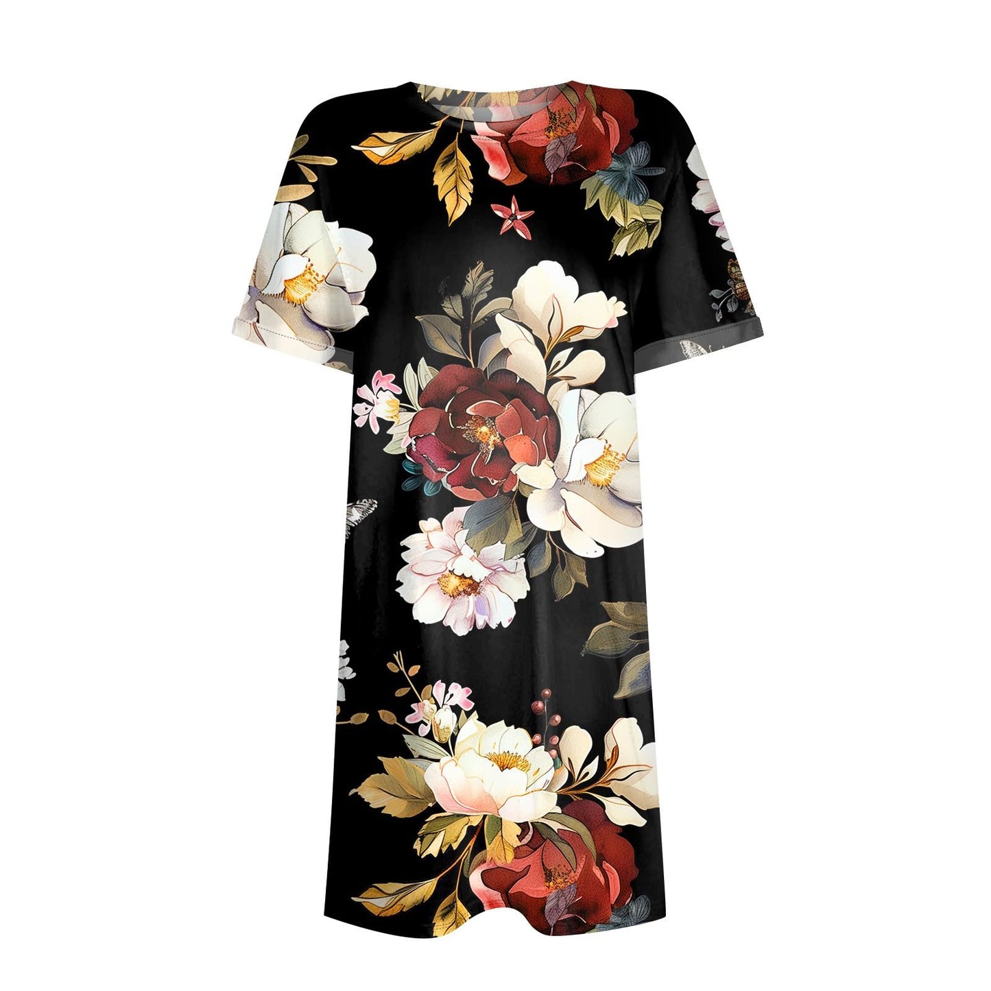 DPKLAD Comfy Dress Fashion Biker Wide Sleeve Dresses Women Spring Cropped Print Loose Fit Crewneck Ruched Cotton Stretch Tunic Dress Woman Deep Red