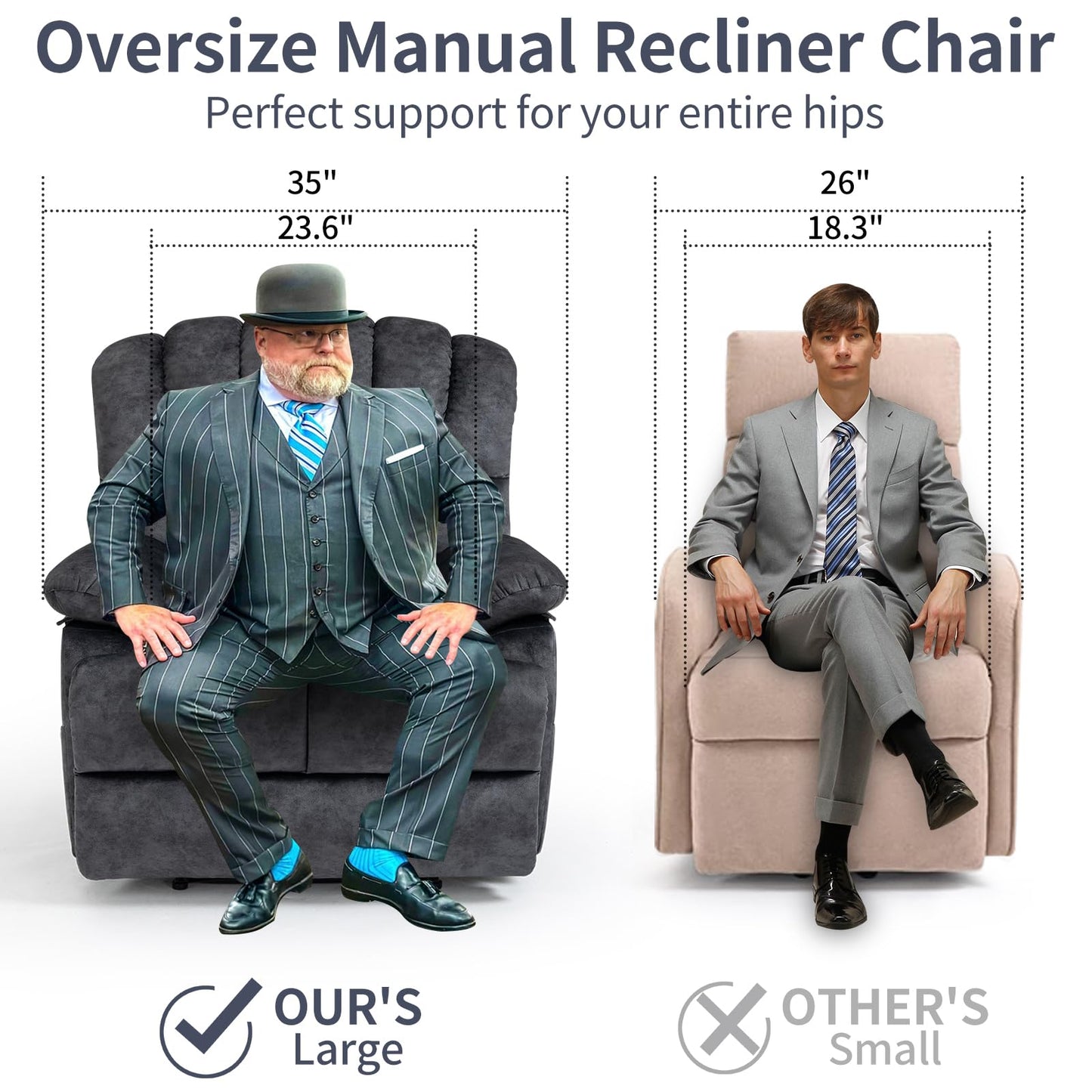 EZZUP Large Recliner, 23" Wide Seat, A Recliner with Three Position, Recliner Chair Oversized with Two Side Pockets, Dark Gray