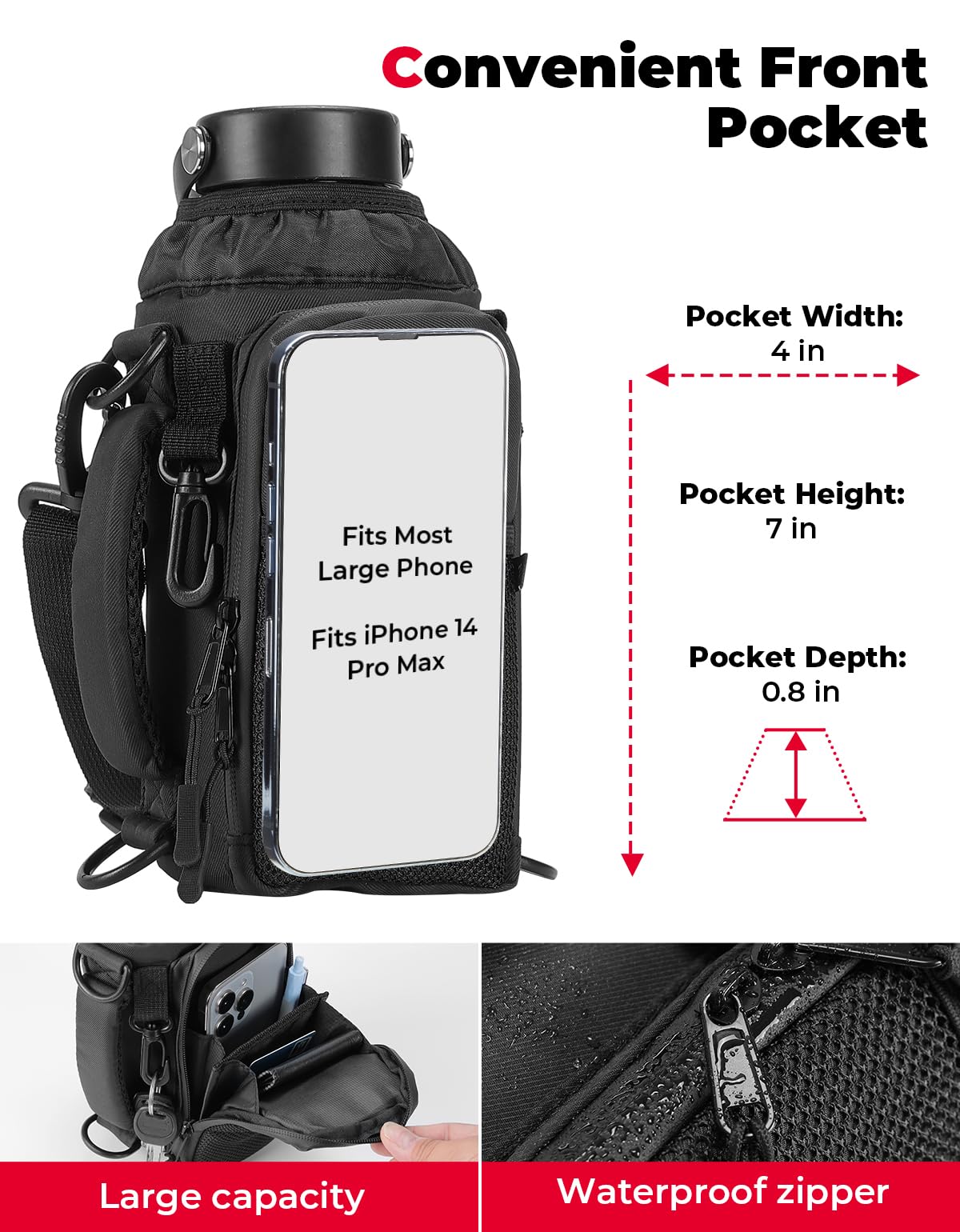 KEMIMOTO Water Bottle Holder Bag, Water Bottle Carrier with Adjustable Shoulder Strap, Water Bottle Pouch Holder for Hiking, Compatible with YETI STANLEY SLM 32 oz, 40 oz (Black-1, Elastic Band-32 oz)