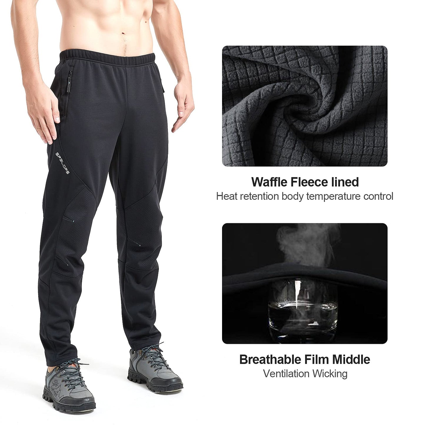 STRETCHUP Men's Winter Outdoor Waterproof Hiking Mountain Bike Pants,Mens Fleece Lined Thermal Cycling Running Pants (Black, XXL)
