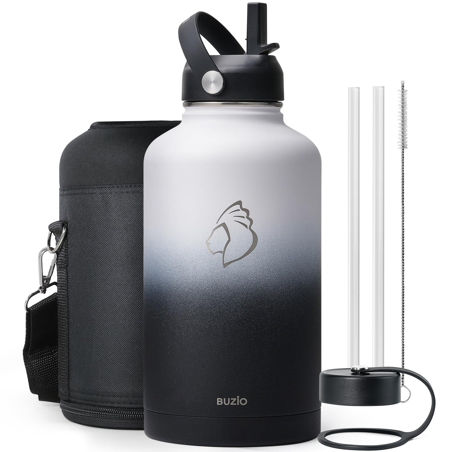 BUZIO 64oz Insulated Water Bottle with Straw Lid and Flex Cap, Stainless Steel Powder-Coat Water Flask, Keep Beverage Cold for 48 Hrs Hot for 24 Hrs Simple Thermo Canteen Mug, White and Black