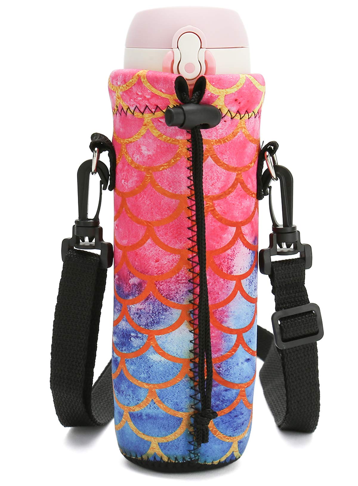 RICHEN Neoprene Water Bottle Carrier Bag with Adjustable Shoulder Strap,Insulated Water Bottle Cover for 500ml/16oz Stainless Steel/Glass/Plastic Bottles (Mermaid Scale,500ML)