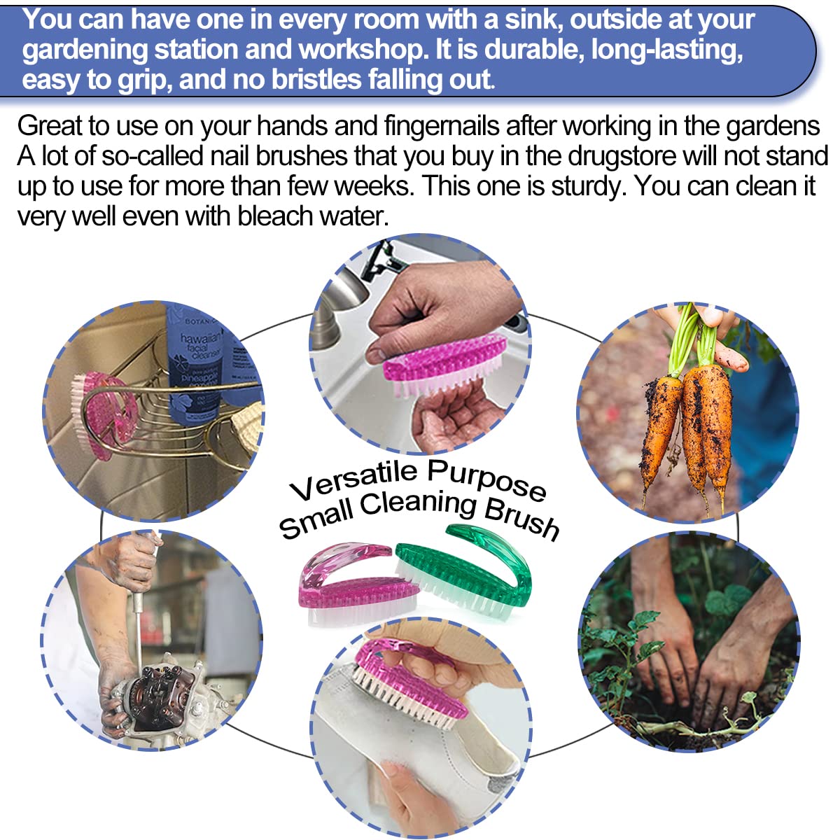 AMERWASH PLUS Handle Grip Nail Brush for Cleaning Fingernails Hands & Under Nails, Stiff Bristle Mechanic Scrub Brush Cleaner for Men Women, Pedicure Scrubbing Tool Kit (3 Pink + 3 Green)