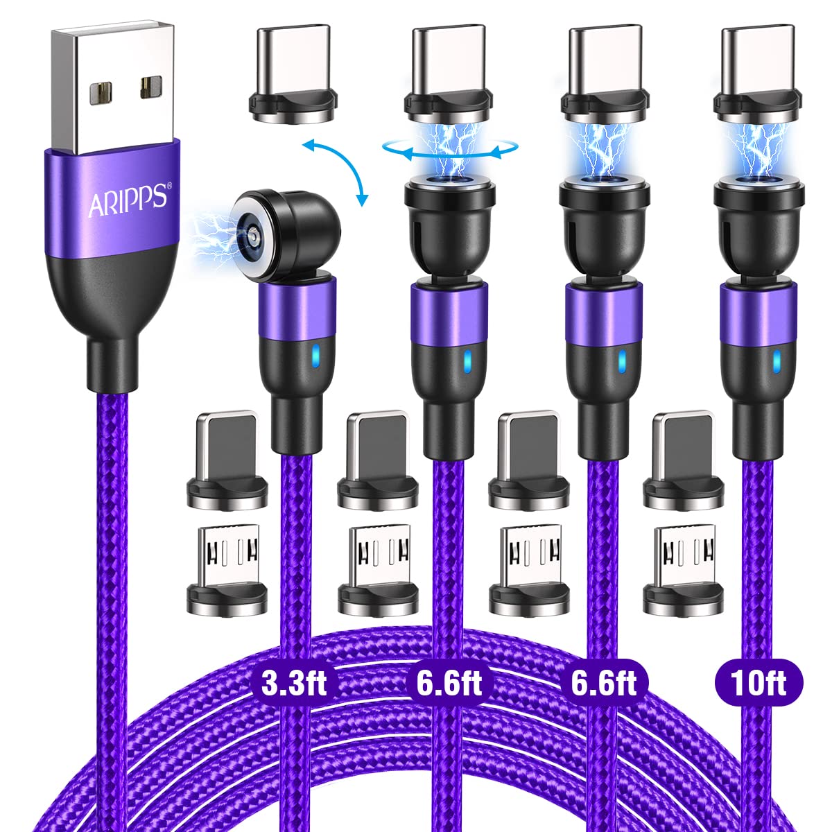 Aripps Magnetic Charging Cable 4 Pack (3.3ft/6.6ft/6.6ft/10ft), 540 Degree Rotating Magnet Phone Charger Cable, 3 in 1 Nylon Magnetic USB Cable for Micro,Type C and iProduct Device
