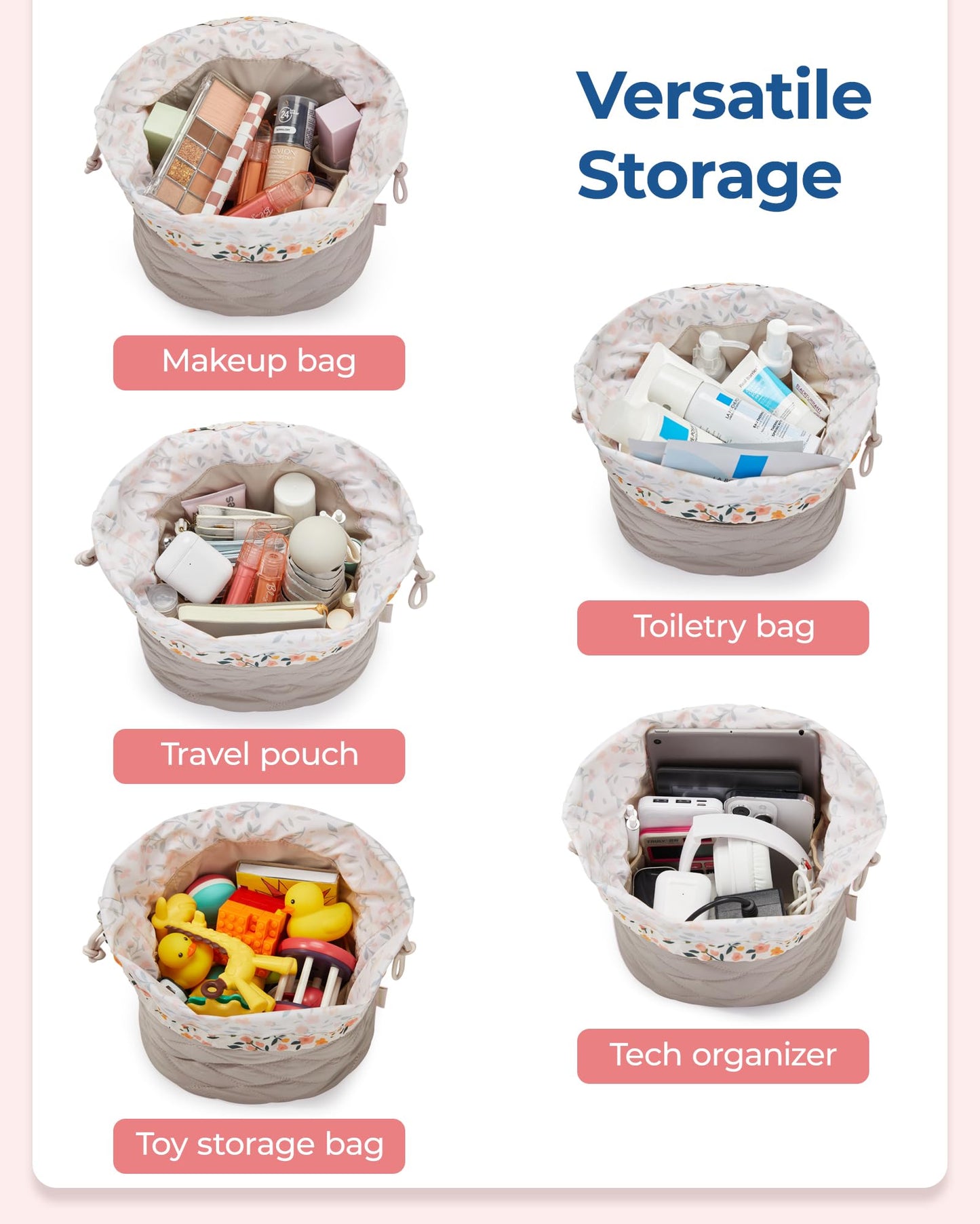 BAGSMART Barrel Drawstring Makeup Bag, Travel Toiletry Bag, Large Cosmetic Bag, Portable Make Up Bags for Women Toiletries Accessories Brush, Khaki