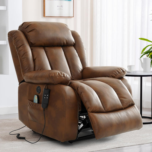 KIMOHOME Dual Motor Large Power Lift Recliner Chair Recliners for Elderly, Infinite Position Recliner Chair with Heat and Massage, Breathable Leather(Ochre)