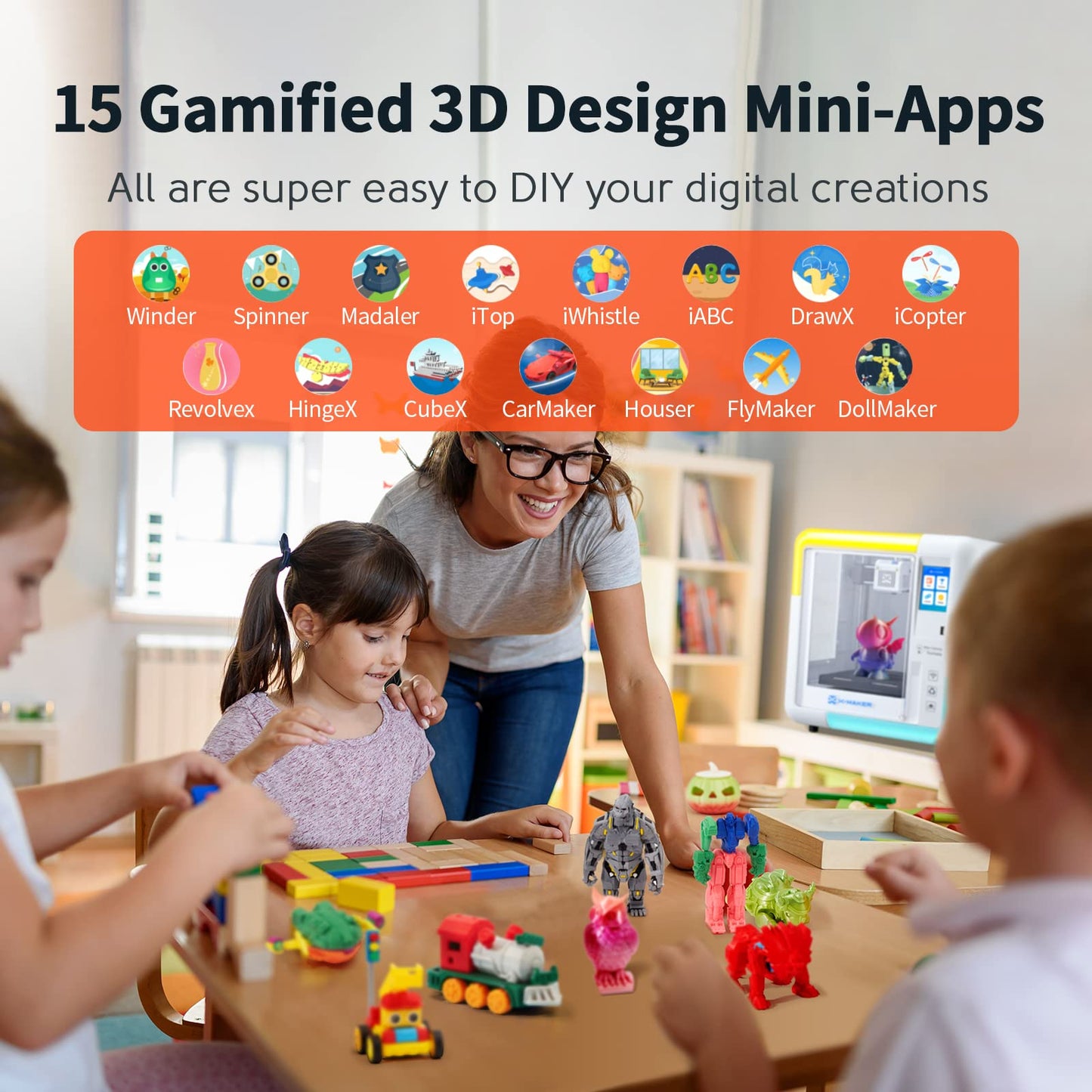 AOSEED X-Maker 3D Printer for Kids and Beginners, Fully Assembled High-Speed 3D Printer with 8 PLA Filament Set, Leveling-Free Bed, Wi-Fi Printing, Resume Printing, Silent, High Precision, with App