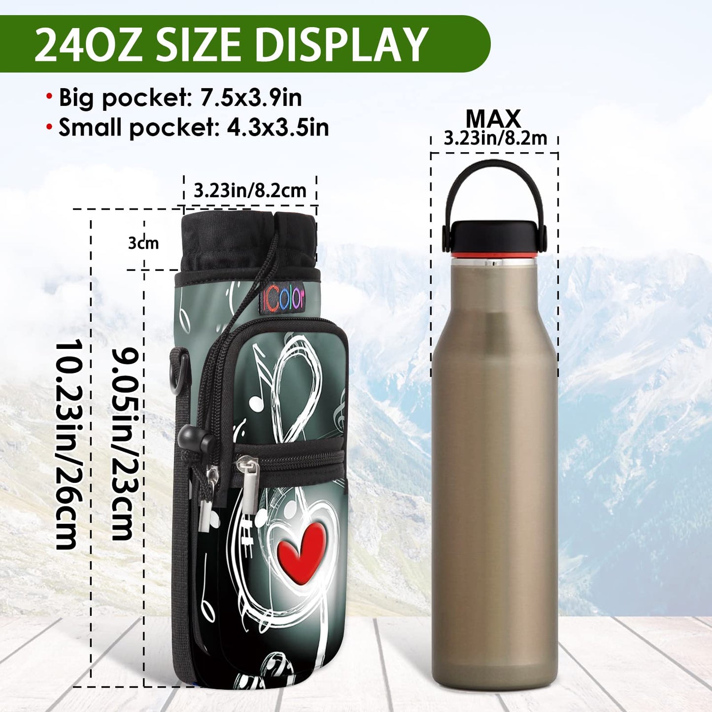 icolor Water Bottle Carrier Bag Holder 25/32/40/64oz,Adjustable Padded Shoulder & Handle Strap Sports Sling Hiking Pack,Insulated Neoprene Wide Mouth Bottle Sleeve