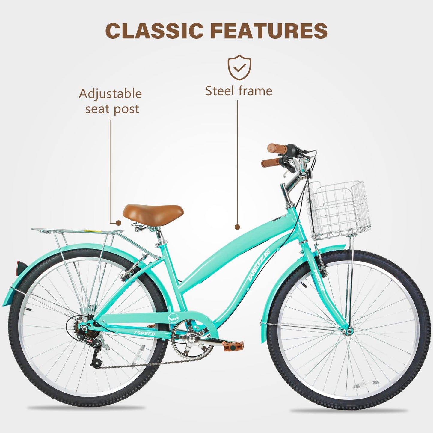 WEIZE Beach Cruiser Bike, 26 inch Commuter Bicycle for Adult Men and Women, 7-Speed/High-Carbon Steel/Front & Rear Fenders, Comfortable City Bikes with Rear Rack&Basket, Ergonomic Upright Design,Teal