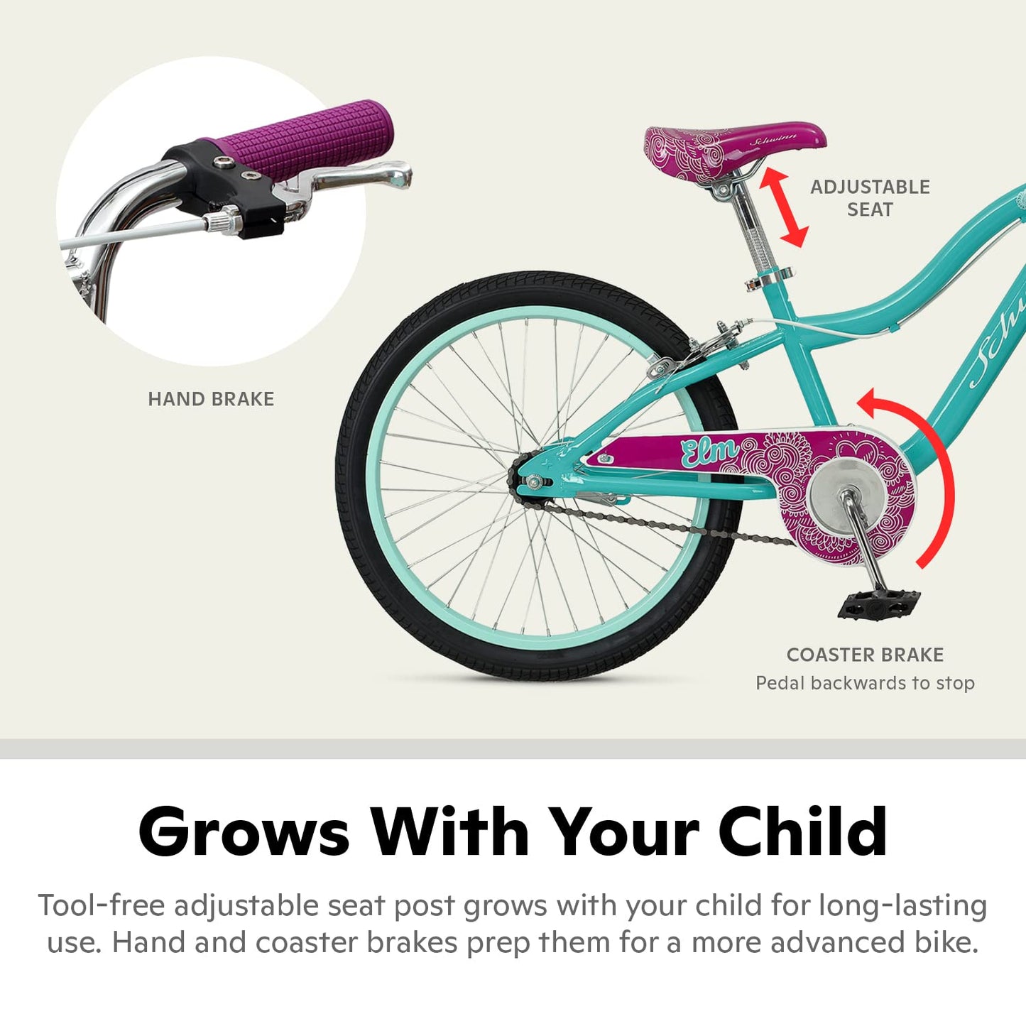 Schwinn Elm Bike, 20 Inch Bike for Kids Ages 7-13, SmartStart Ergonomic Design for Kids, Adjustable Seat Grows with your Child, Rear Coaster Brake & Front and Rear Hand Brakes, Training Bicycle