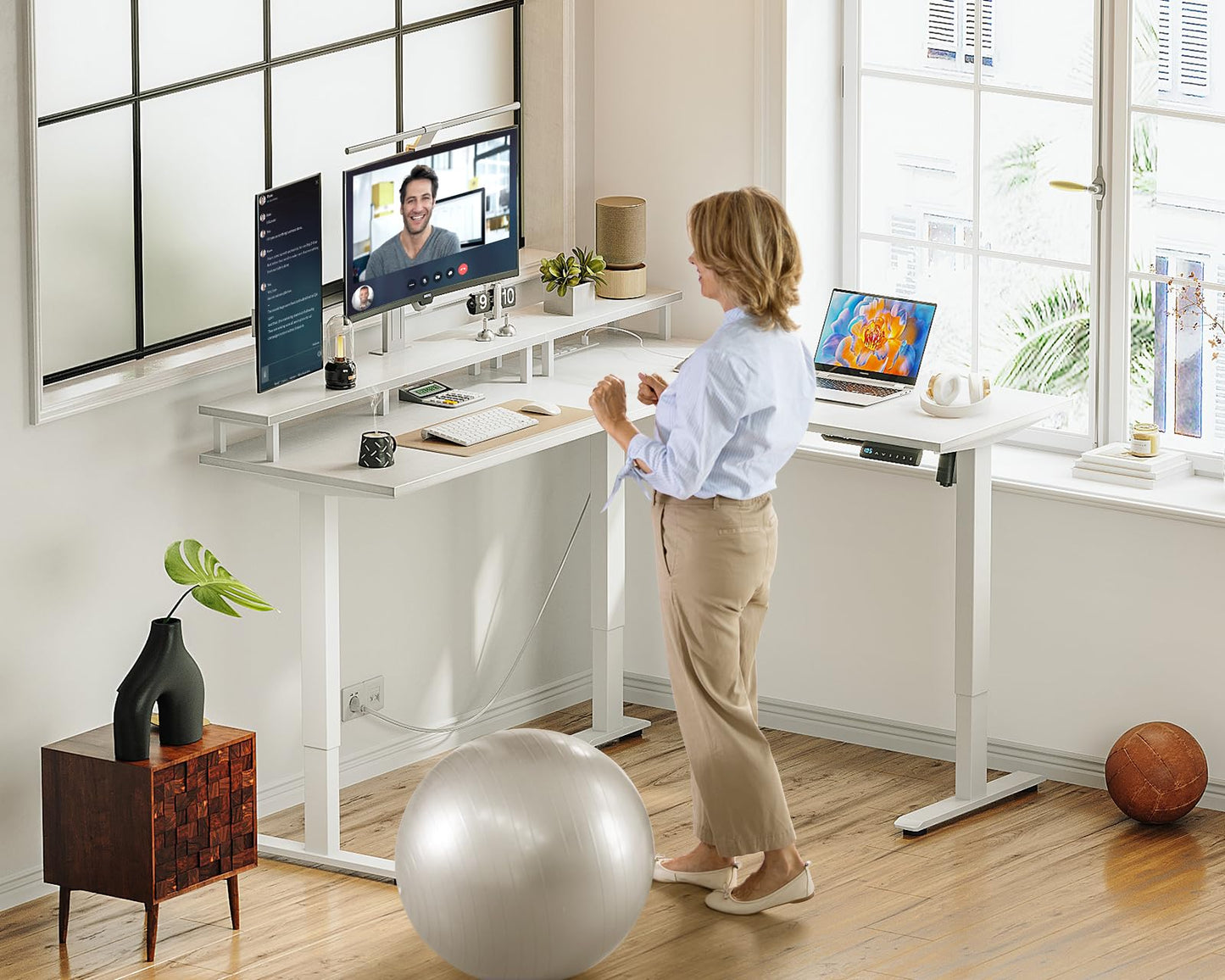 AODK Electric L-Shaped Standing Desk, 59 Inch Height Adjustable Office Desk with Monitor Stand, Sit-Stand Desk with Power Outlets, Large Lift Table for Home, Office, Workstation, White