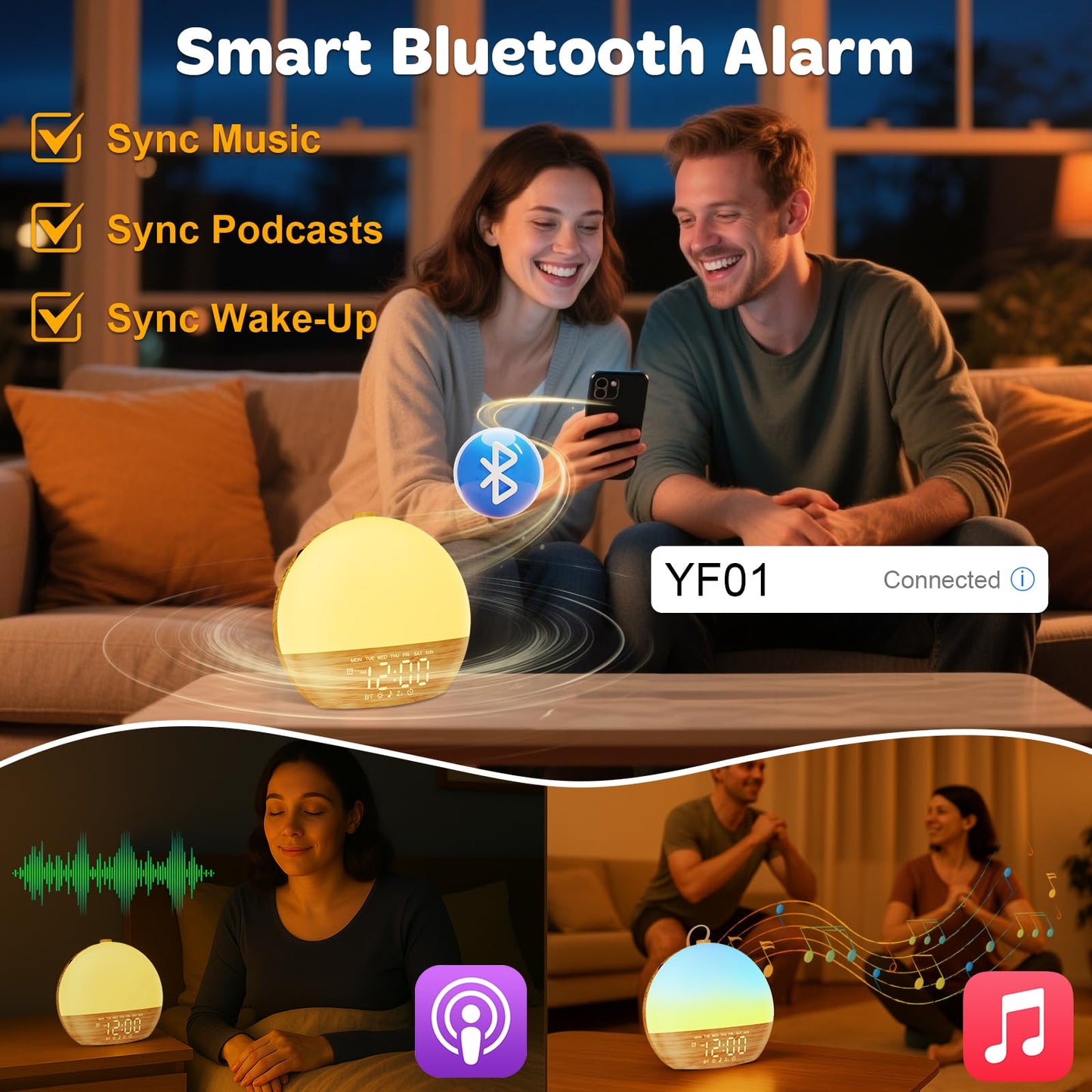 Sunrise Alarm Clock with Sound Machine - Wake Up Light, Wood Grain, Bluetooth, Dual Digital Alarm Clocks for Bedrooms, Adjustable Brightness, 30 Sleep Sounds, White Noise Machine for Baby & Adults