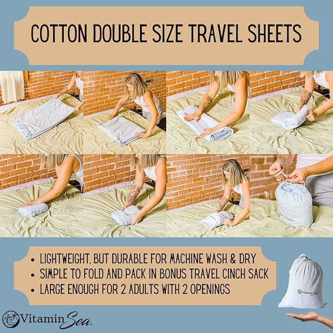 Cotton Sleeping Bag Liner Ultralight | Camping Sheets Lightweight | Travel Sheet | Sleep Sack Adult | Travel Sheet Liners for Hotel | Double