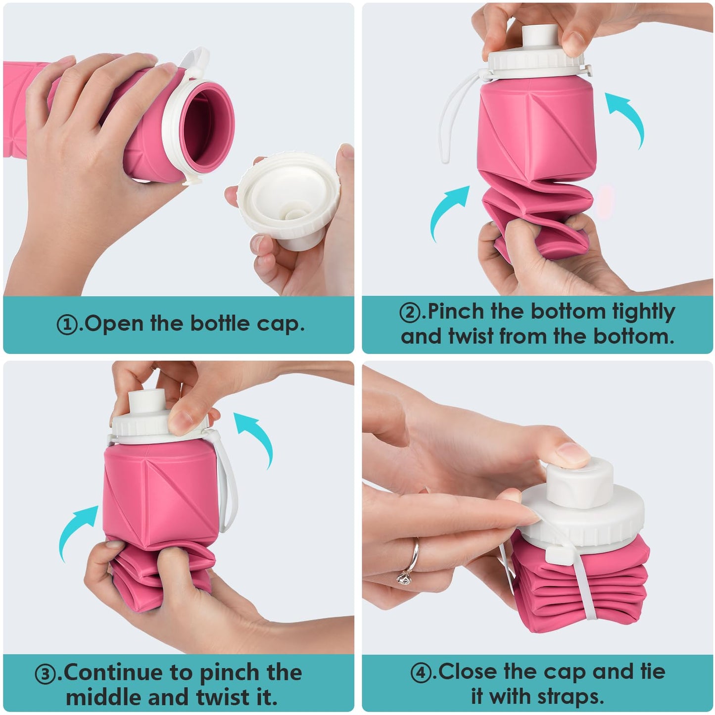 Popdigito Collapsible Water Bottle 2pcs Foldable Silicone Travel Water Bottle Leakproof Flexible BPA Free Portable,Folding Water Bottle Lightweight for Camping, Hiking,Sports 23oz (Pink)
