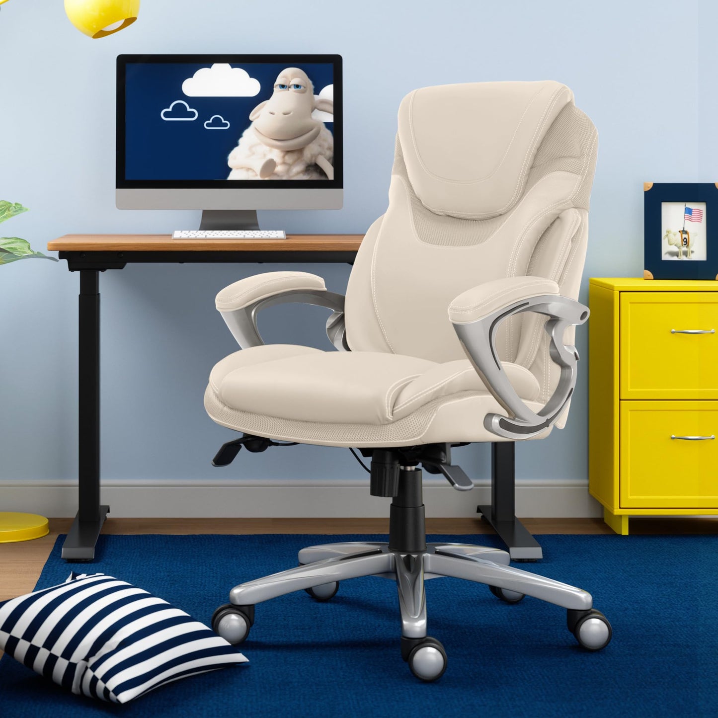 Serta Bryce Executive Office Chair, Ergonomic Computer DeskChairs with Patented AIR Lumbar Support, Comfy Body Pillows, Height Adjustable, Swivel Base with Wheels, Bonded Leather, Cream White