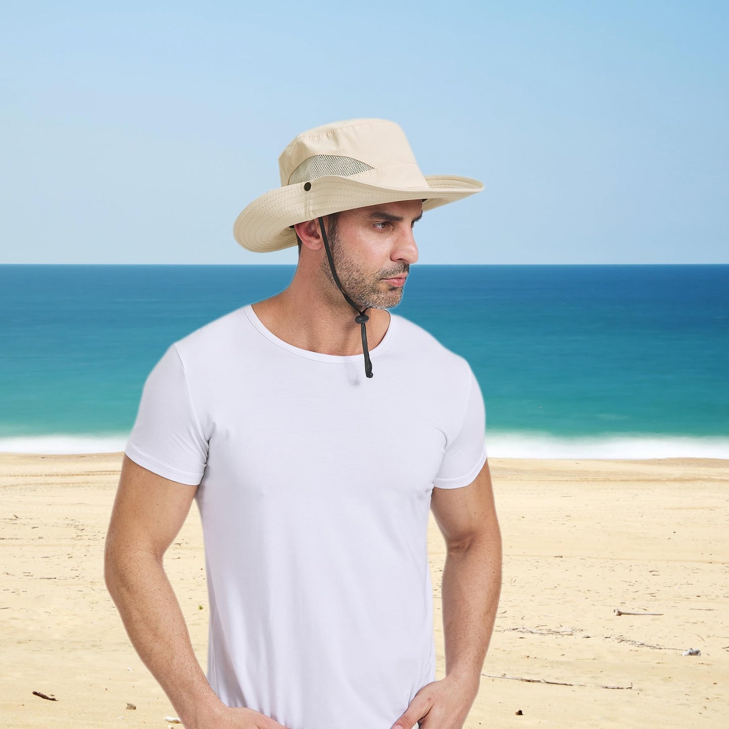 PFFY Sun Bucket Hat for Men 3” Wide Brim UPF 50+ Bucket Fishing & Beach Hats Beige