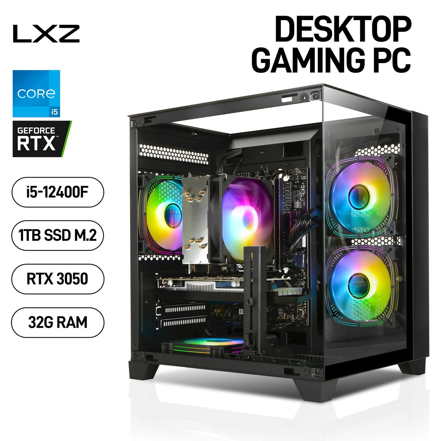 Gaming PC, Prebuilt Desktop with Intel 12th Core i5-12400F & GeForce RTX3050, 32G DDR4 RAM, 1TB NVME SSD, Tower Computer for Gaming, Home and Office (Black)
