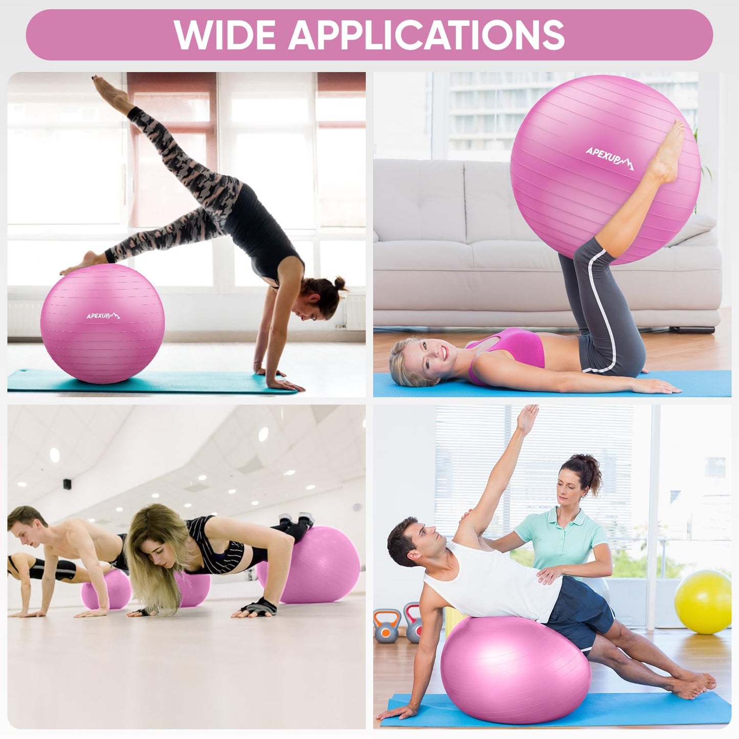 APEXUP Yoga Ball Exercise Ball, Anti Slip Stability Ball Chair, Heavy Duty Large Gym Ball for Fitness, Balance, Core Workout and Physical Therapy (S (15"~18") 45cm, Fuschia)