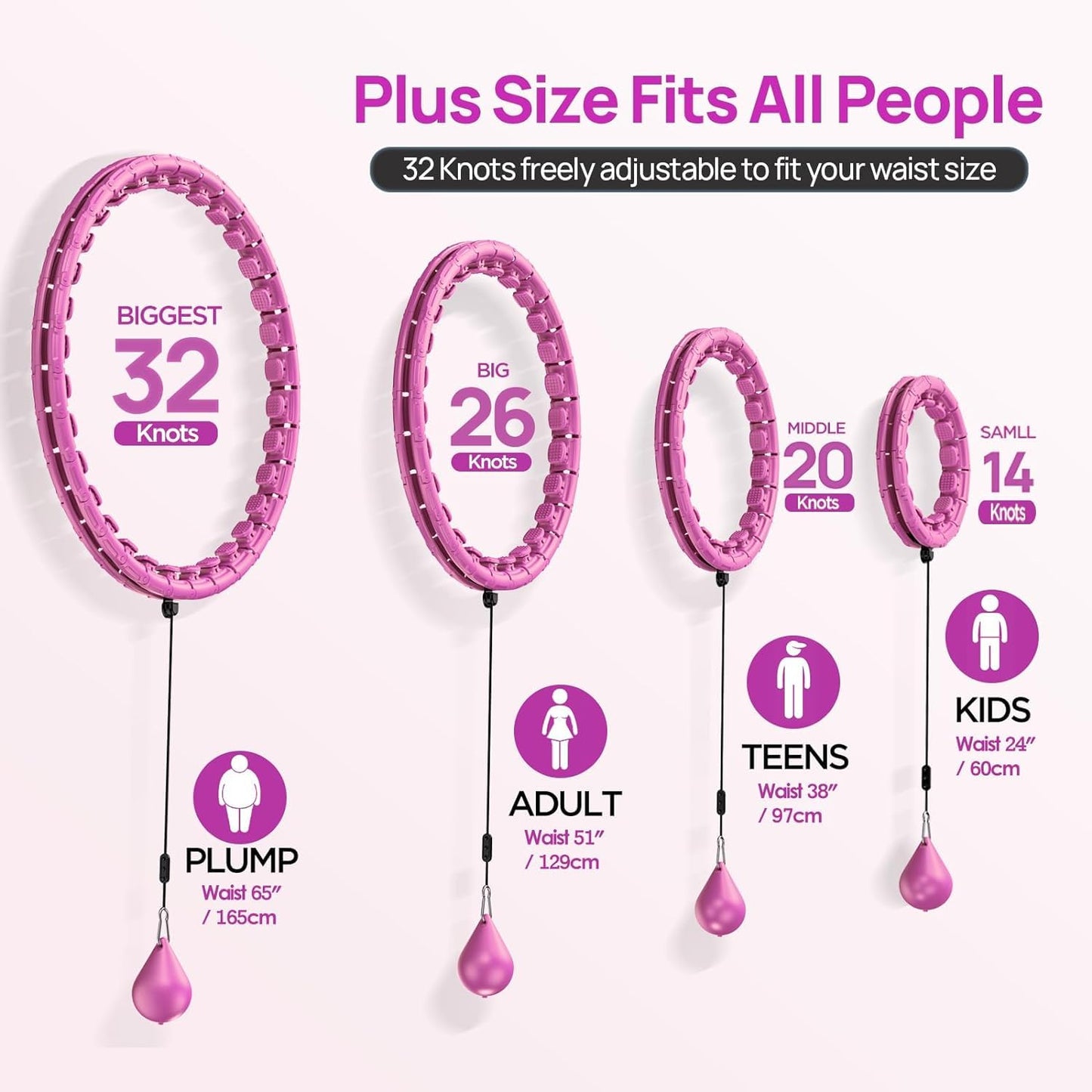 APzek 32 Detachable Knots Weighted Exercise Hoop Plus Size, No Falling Smart Huula Hoop for Adults & Beginners, 2 in 1 Abdomen Fitness Massage with Auto Spinning Ball - Purple