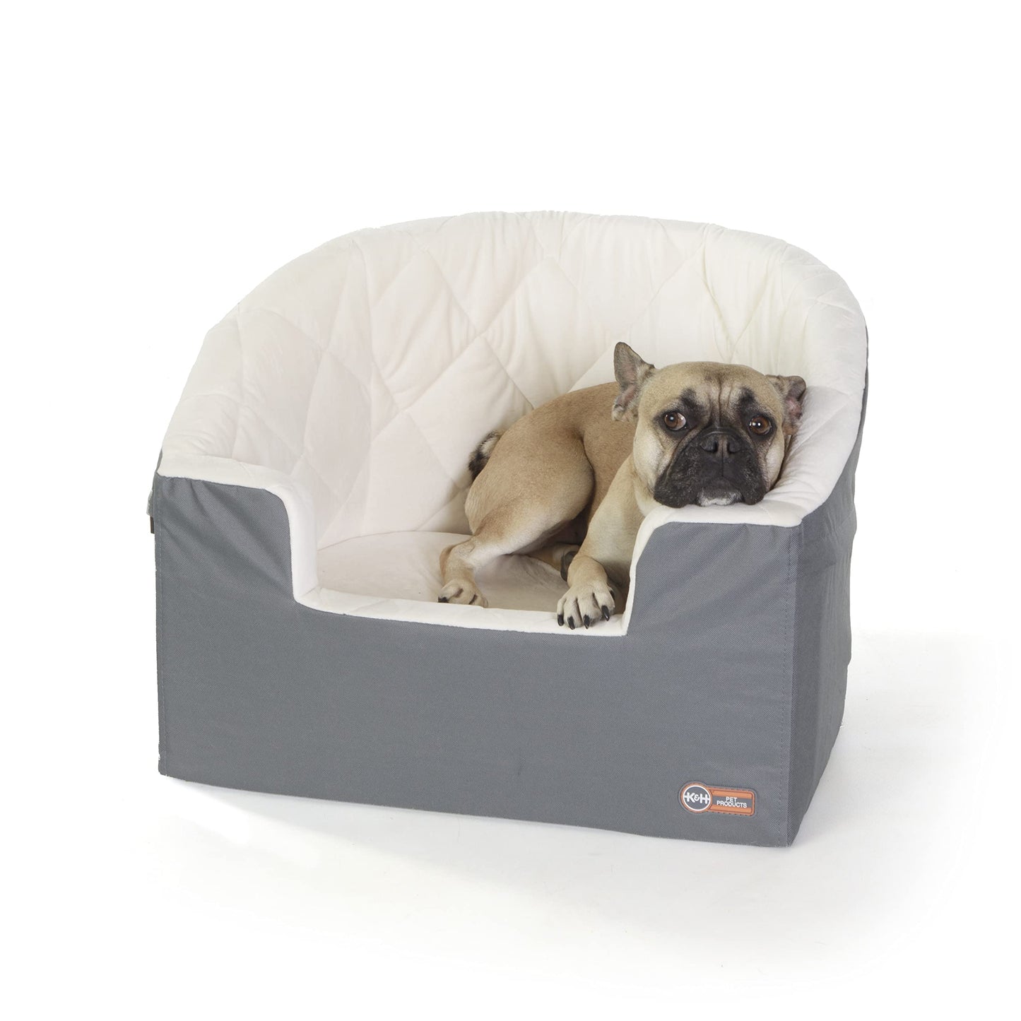 K&H Pet Products Bucket Booster Dog Car Seat, Seat Belt Secured, 2 Safety Leashes, Washable Covers, Sturdy Dog & Cat Booster Seat, Carriers for Small to Medium Pets - Large Gray/Cream