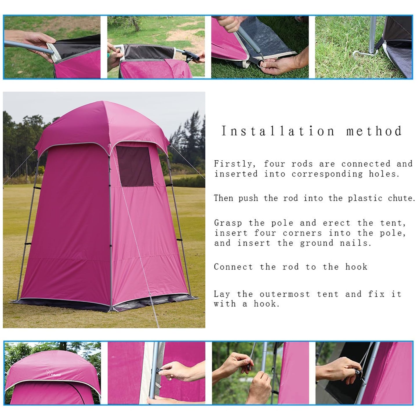 Vidalido Outdoor Camping Shower Tent Easy Setup Changing Room Portable Camp Shower Tents for Camping with Floor, Waterproof Privacy Shelters Toilet Tent (Pink)