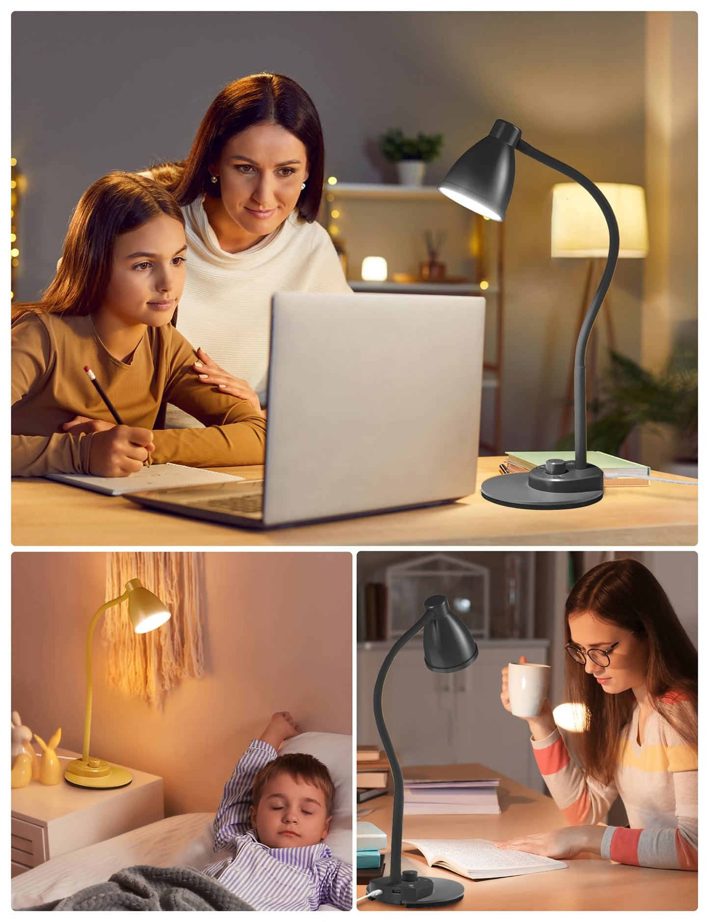 BOHON LED Desk Lamp with USB Charging Port 3 Color Modes Dimmable Reading Light Intelligent Induction Auto Dimming Task Lamp Flexible Gooseneck Table Lamp for Bedside Office, AC Adapter Include