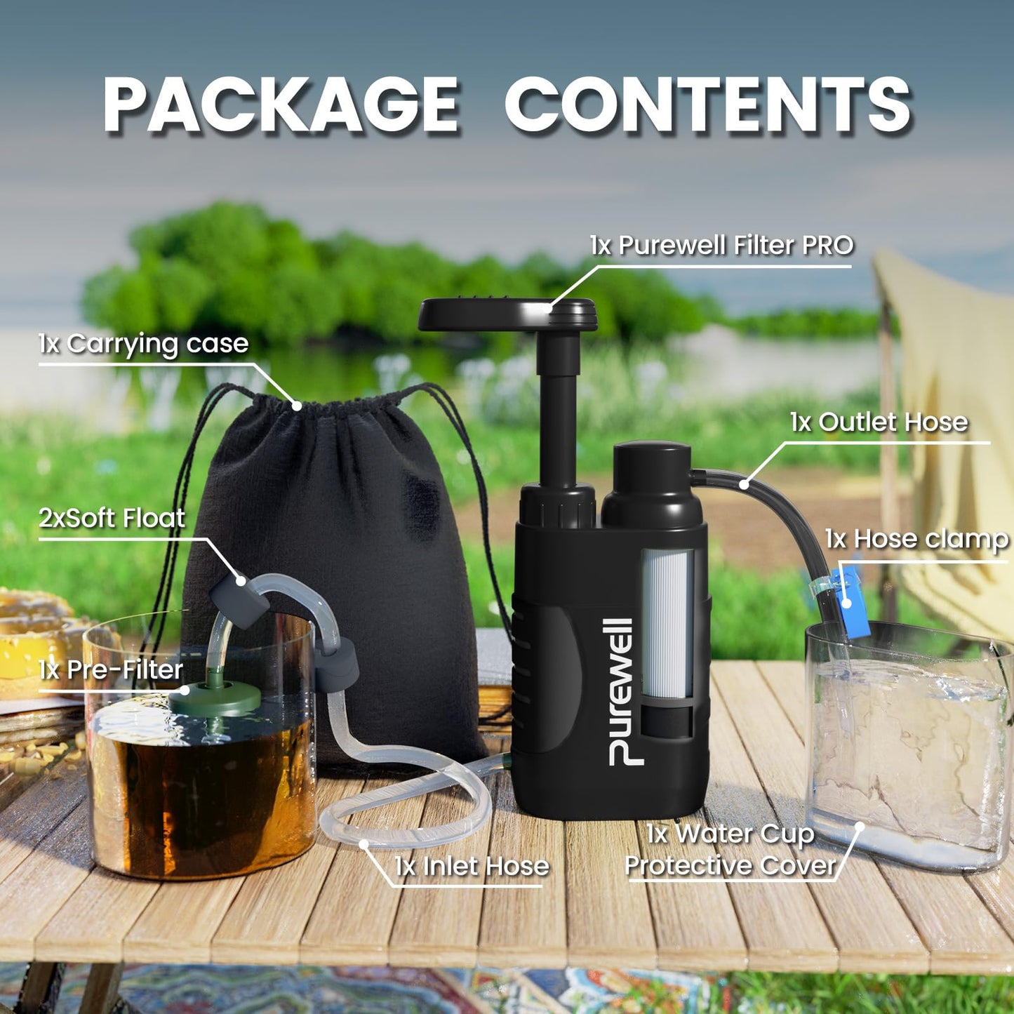 Purewell PRO Water Hand Purifier Pump with Replaceable Carbon 0.01 Micron Water Filter, 4 Filter Stages, Portable Outdoor Emergency and Survival Gear - Camping, Hiking, Backpacking