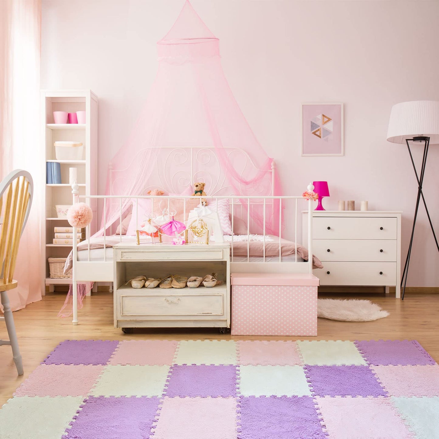 Amylove 72pcs Foam Floor Mat 12x12x0.4in Interlocking EVA Foam Mats with Border Soft Plush Fluffy Floor Tiles Interlocking Rug Climbing Area Carpet Squares for Home Playroom(White, Pink, Purple)