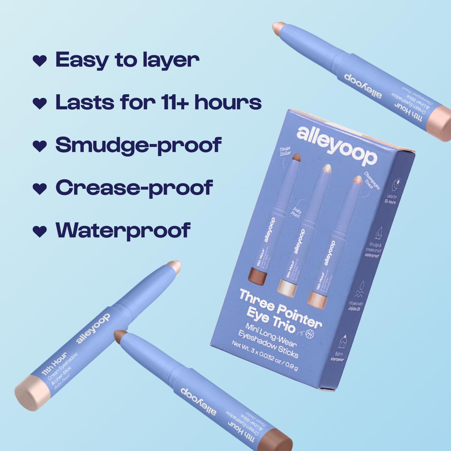 ALLEYOOP 11th Hour Mini Eye Shadow Sticks Set, 3-Piece Makeup Set - Award-Winning 2-in-1 Cream Eyeshadow Stick & Liner - Smudge-Proof and Crease Proof - Easy-To-Apply and Compact for Travel