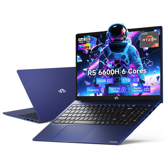 NIMO 15.6" IPS FHD-Gaming-Laptop, AMD Ryzen 5 6600H 6-Cores 660M GPU 32GB DDR5 RAM 1TB SSD(Beat i7-1165G7, Up to 4.5GHz) Computer with 100W GaN Type C Fingerprint Backlit Keyboard Win 11