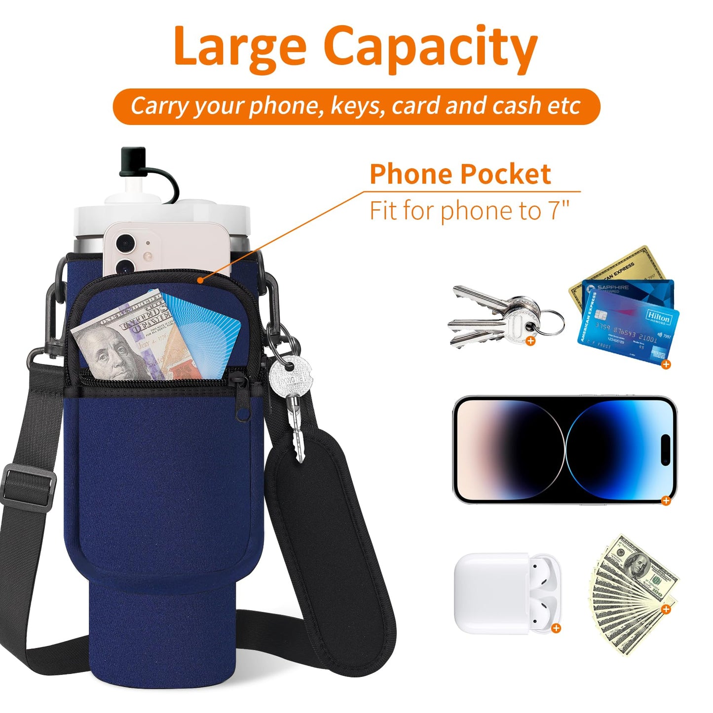 AceTreker 30 oz Water Bottle Carrier Bag with Paracord Handle for Stanley-Navy