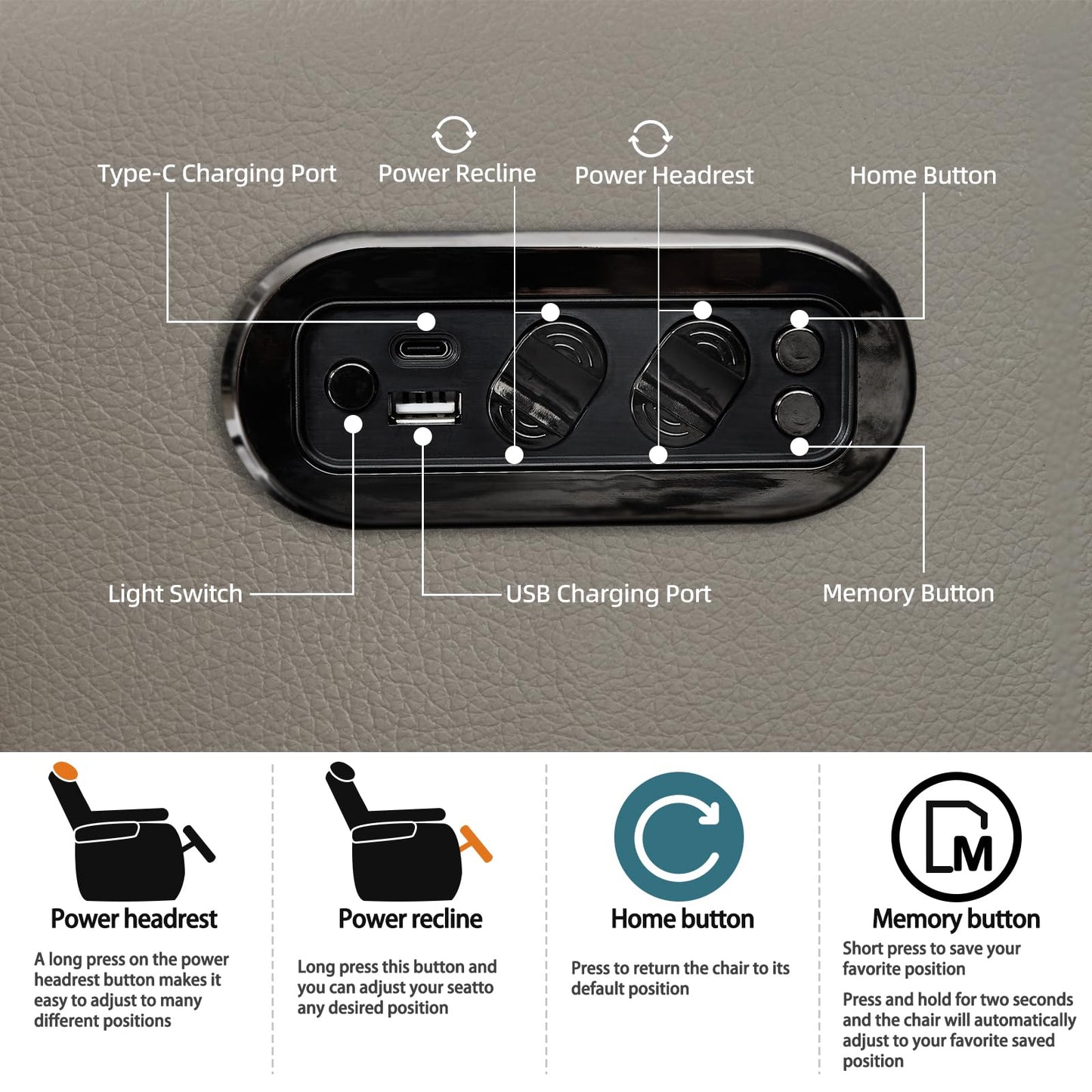 comfiroom Leather Home Theater Seating, Simple Style Movie Theater Chairs with fold-Down Table, Theater Recliner Sofa with Type-C USB Charger Living Room Sofa Chair (Grey)