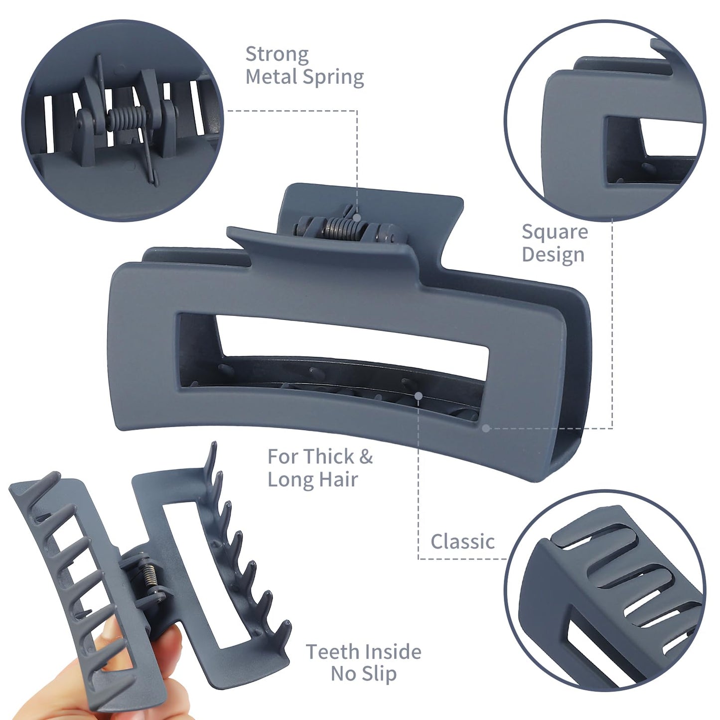 Sisiaipu 4.1 Inch Big Hair Clips 12 Pcs Large Hair Claw Clips for Thick Hair Square Claw Clips Bulk Hair Accessories for women and Girls - Grey