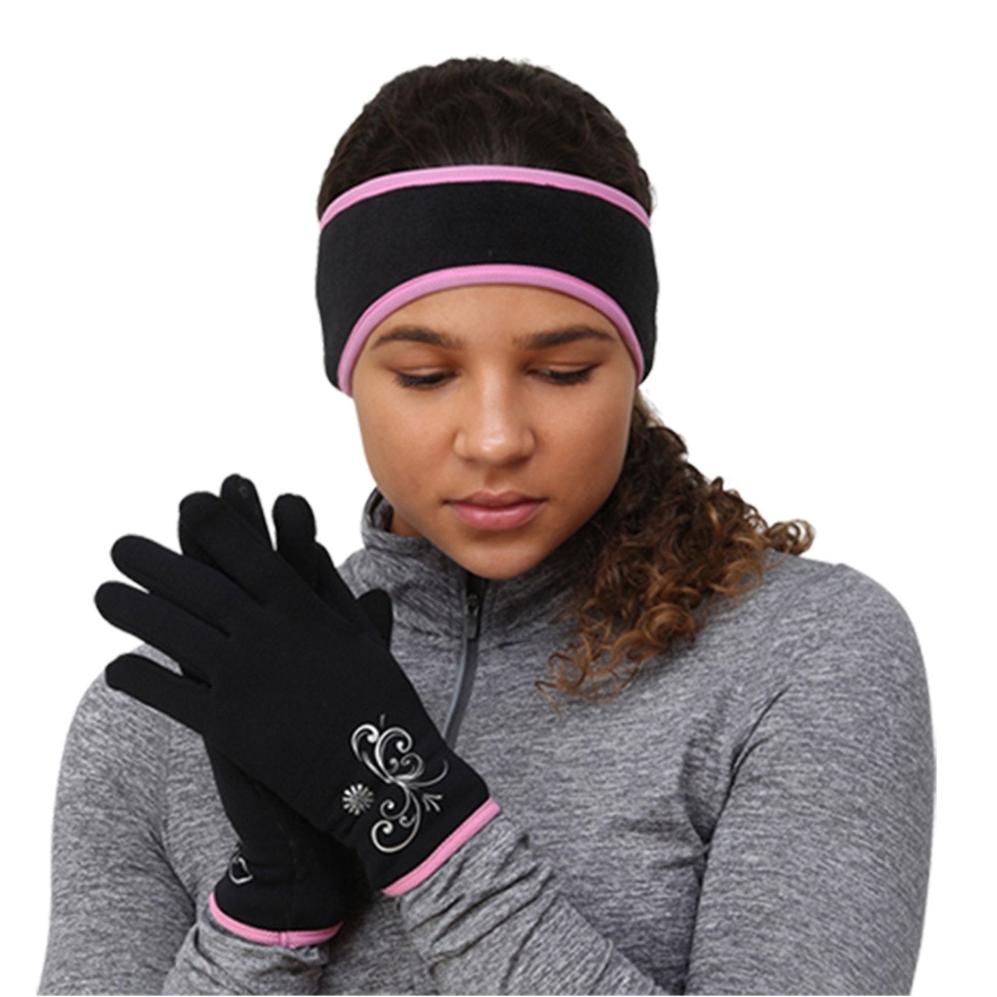 TrailHeads Women’s Ponytail Headband | Fleece Earband | Winter Running Headband - Black/Fast Pink