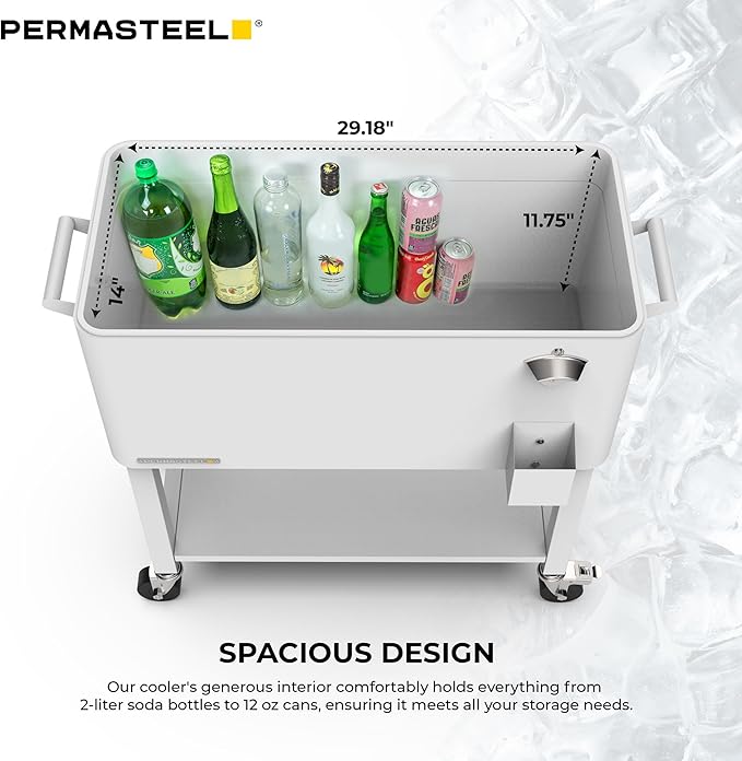 Permasteel Party Cooler with Removable Basin, Spacious 80-Qt Capacity, Rolling Ice Chest for Indoor and Outdoor Entertainment White + Bonus Cover