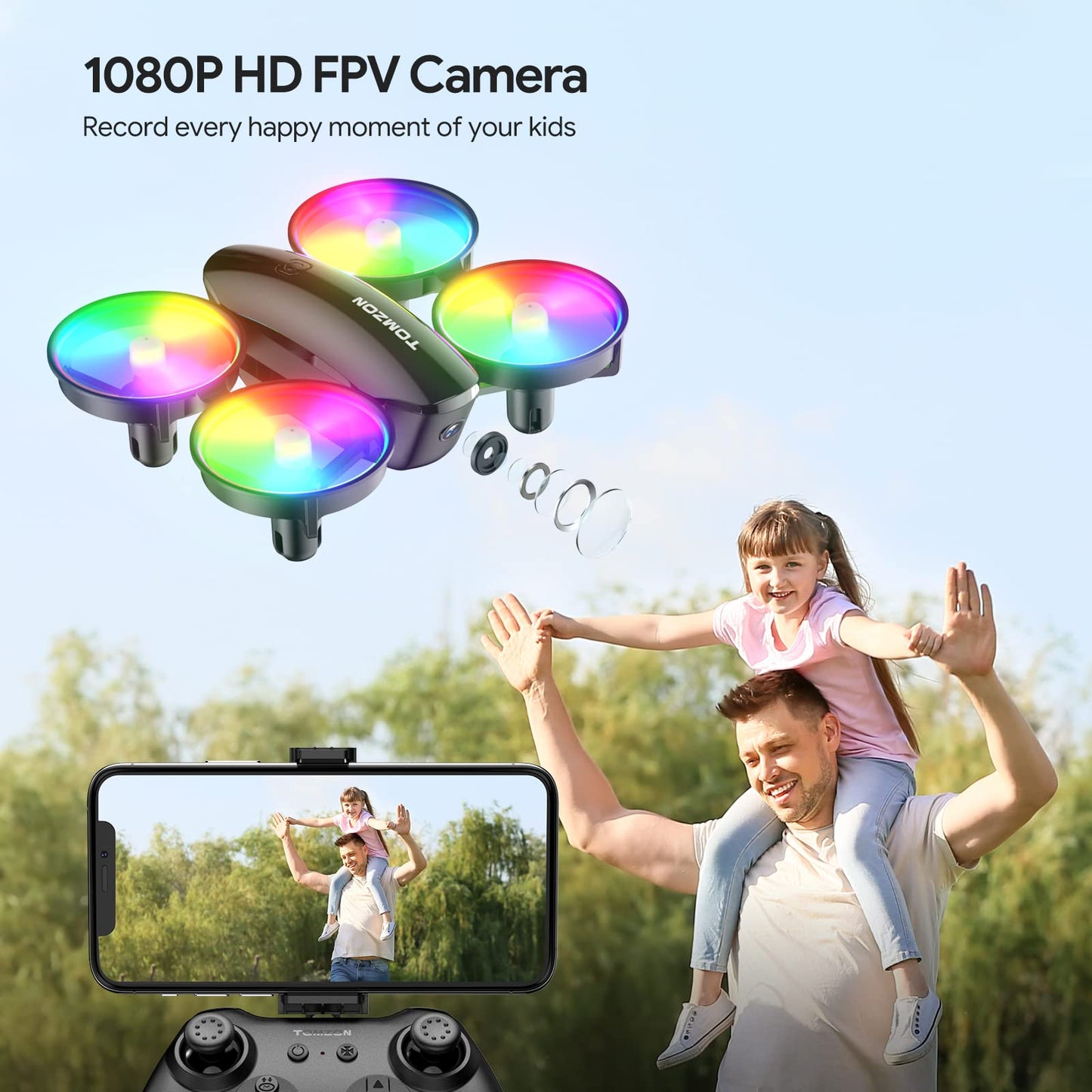TOMZON A23W Drone with Camera 1080P, LED Kids Drone with Throw to Go, High Speed Rotation and 3D Flip, Mini Drone for Kids with Circle Fly, Gravity Sensor, 3 Speeds, 2 Batteries