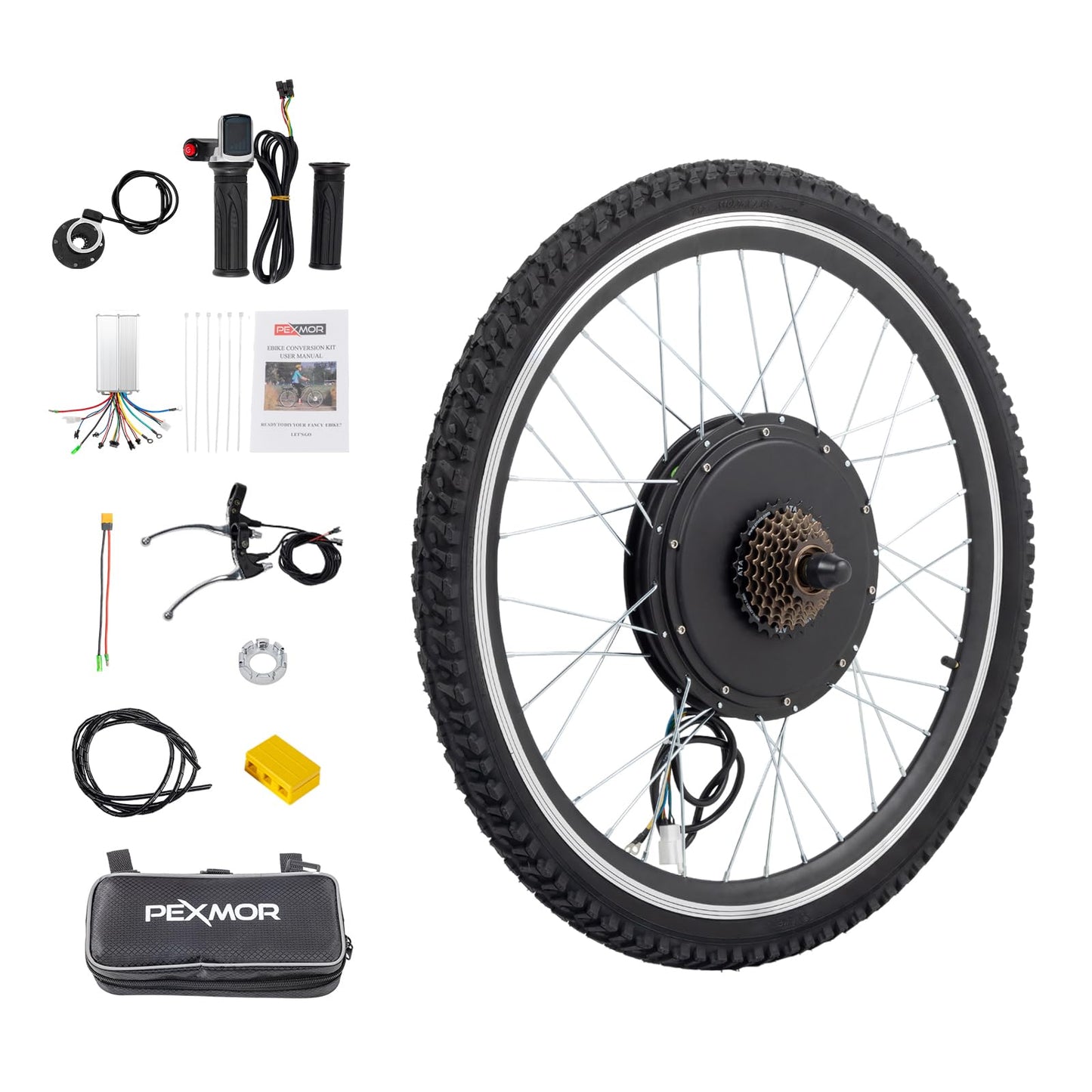 PEXMOR Electric Bike Conversion Kit, 48V 1200W 26" Front Wheel E-Bike Hub Motor Kit, Upgrade 3 Mode Controller w/PAS/Twist Throttle with Battery Indicator Ebike Bicycle Wheel Kit
