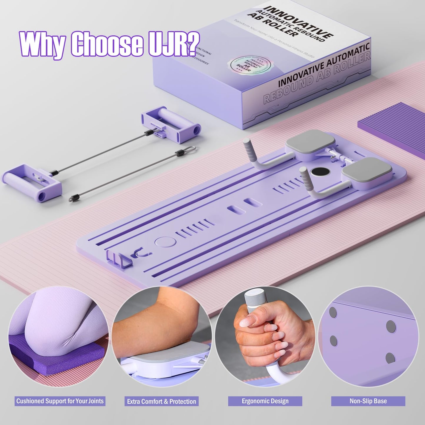 UJR Ab Roller Abs Workout Equipment: Multifunction Automatic Rebound Abdominal Wheel - Foldable Home Gym Exercise Fitness Equipment Push Up Board for Strength Training Core Workout with Knee Pad Timer