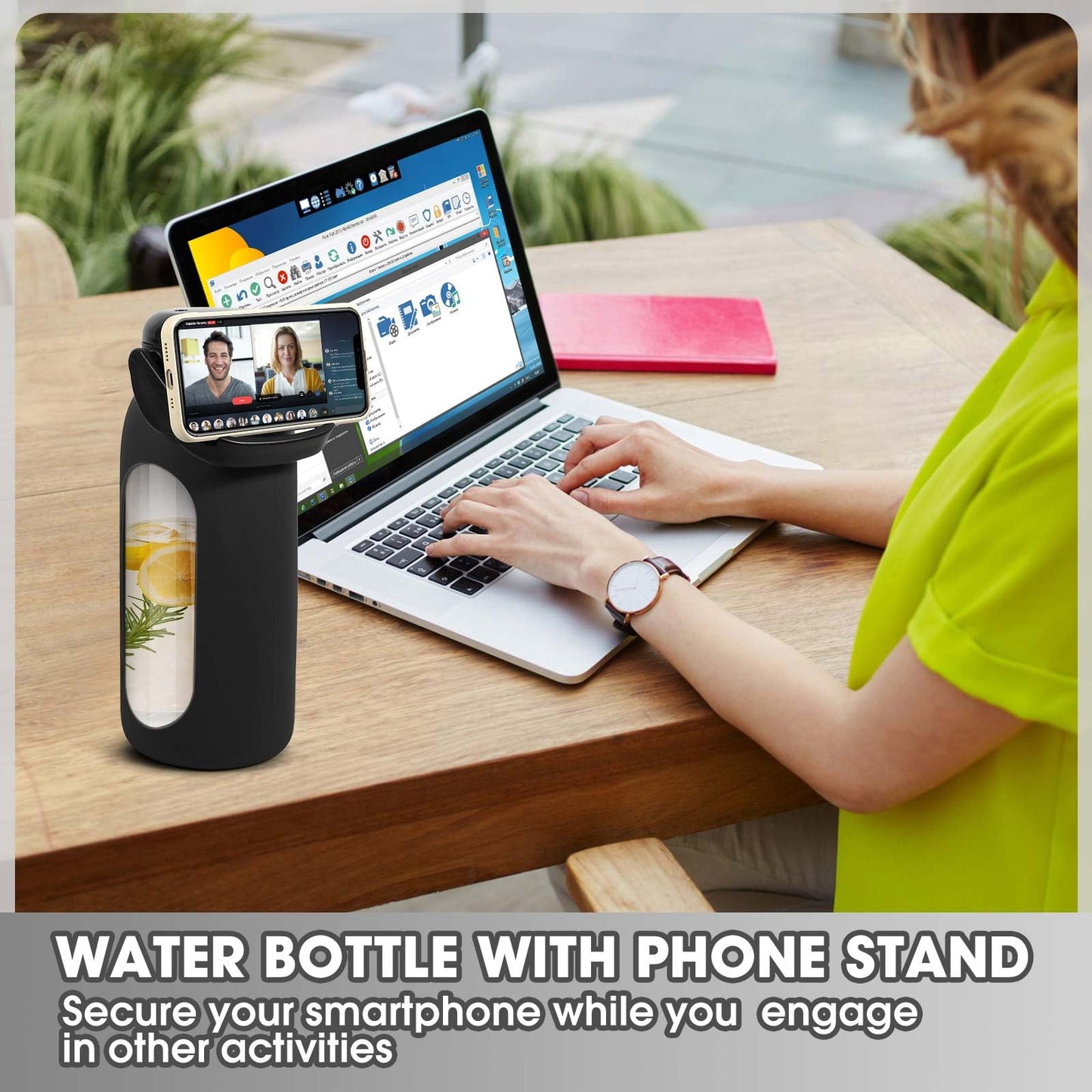 OxyFlask Glass Water Bottles 64 oz - Half Gallon Water Bottle with Straw Phone Holder Handle Time Marker and Silicone Sleeve, Large Motivational Water Jug with Carrier Bag for Daily Intake Gym Black