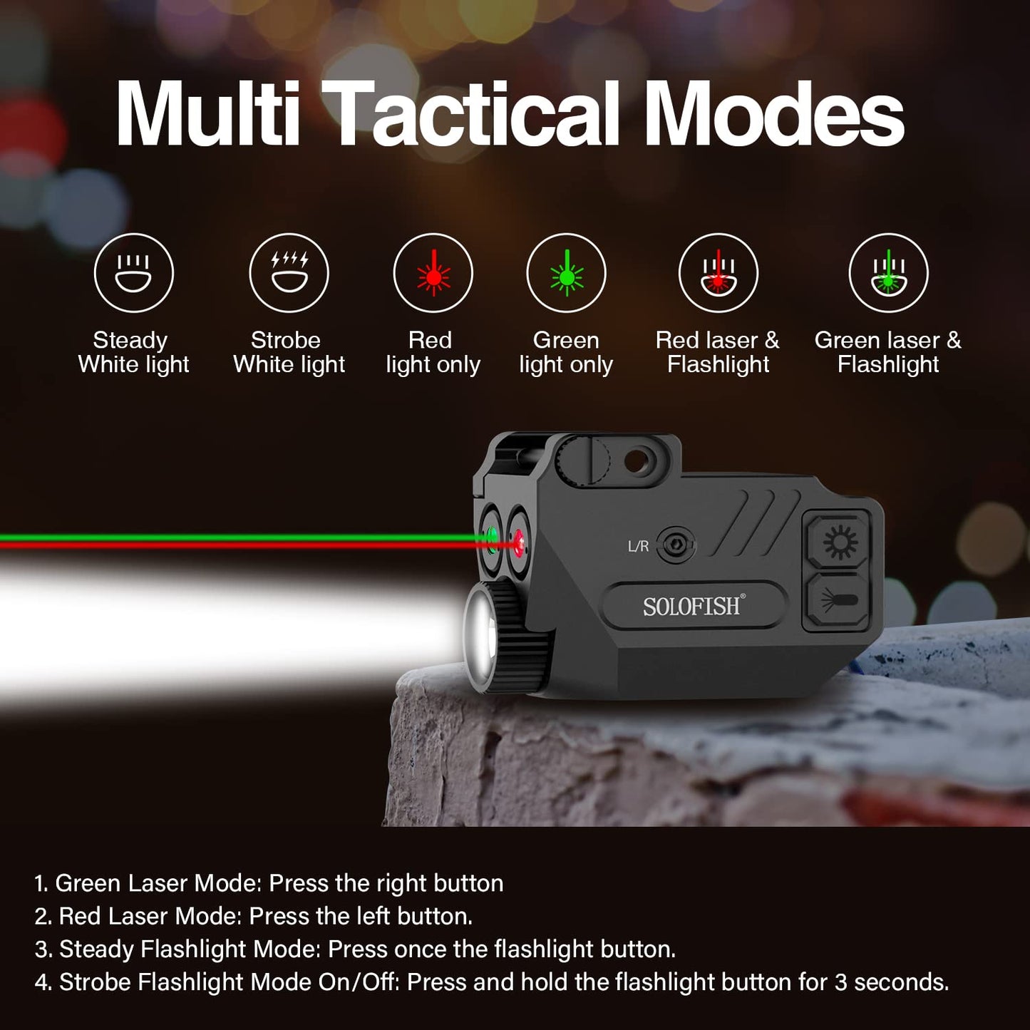 Solofish Pistol Laser Light Combo Red Green Laser Beams for Guns with Weaponlight Tactical Strobe Handgun Lights Laser Sight Compatible with Glock 19 Accessories