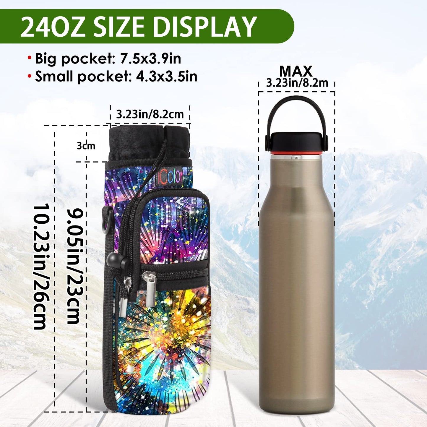 icolor Water Bottle Carrier Bag Holder 25/32/40/64oz,Adjustable Padded Shoulder & Handle Strap Sports Sling Hiking Pack,Insulated Neoprene Wide Mouth Bottle Sleeve