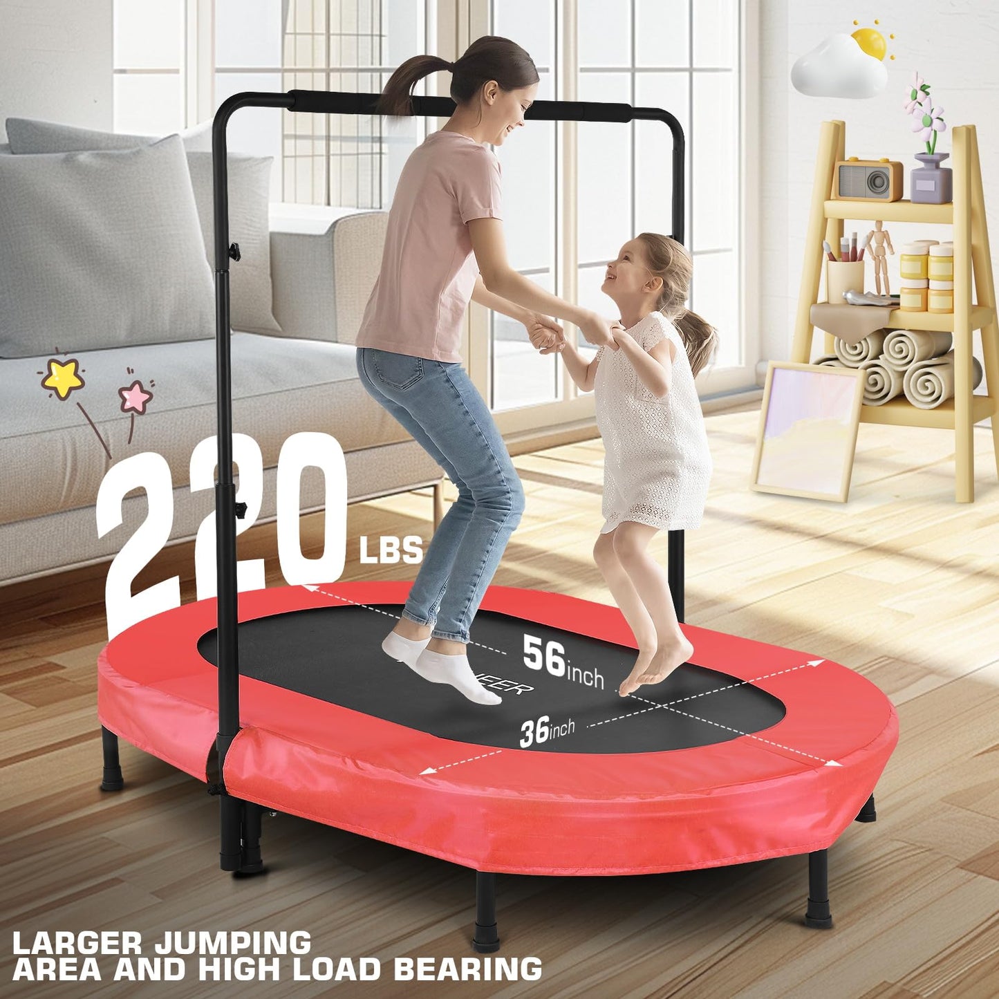 ANCHEER Foldable Trampoline, Mini Rebounder Trampoline with Adjustable Handle, Exercise Trampoline for Indoor/Garden/Workout Cardio, Parent-Child Twins Trampoline Max Load 220lbs (Training Red)