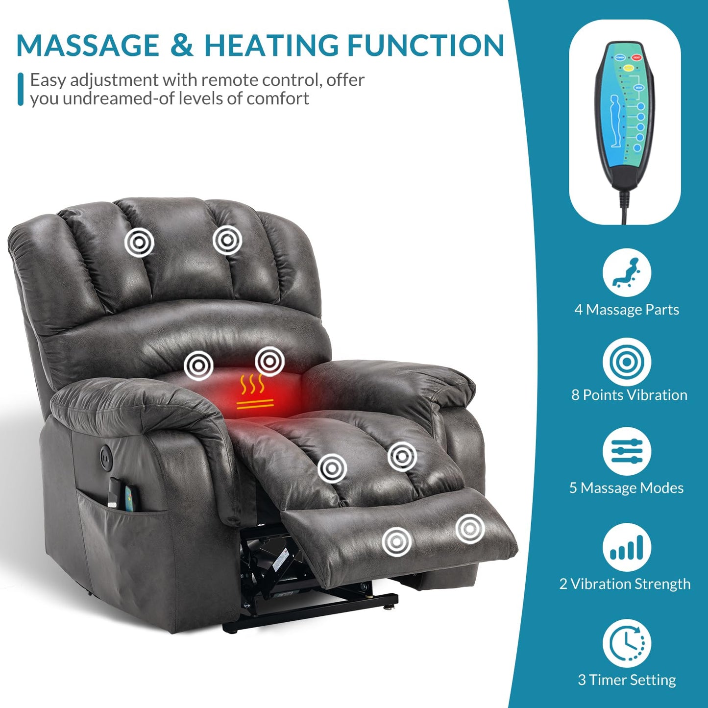 OUINCH Large Dual Motor Lay Flat Sleeper Power Lift Recliner Chair for Elderly with Heat and Massage, 2 Remote Controls, 2 USB Ports & 2 Side Pockets, Infinite Position (Grey)