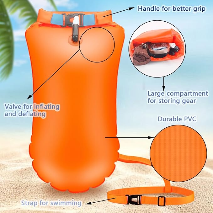 Swim Buoy for Open Water, High-Visibility Swim Safety Float Waterproof Dry Bag for Swimmers Triathletes Kayakers Snorkelers, Swimming Open Water Buoy for Safer Swim Training